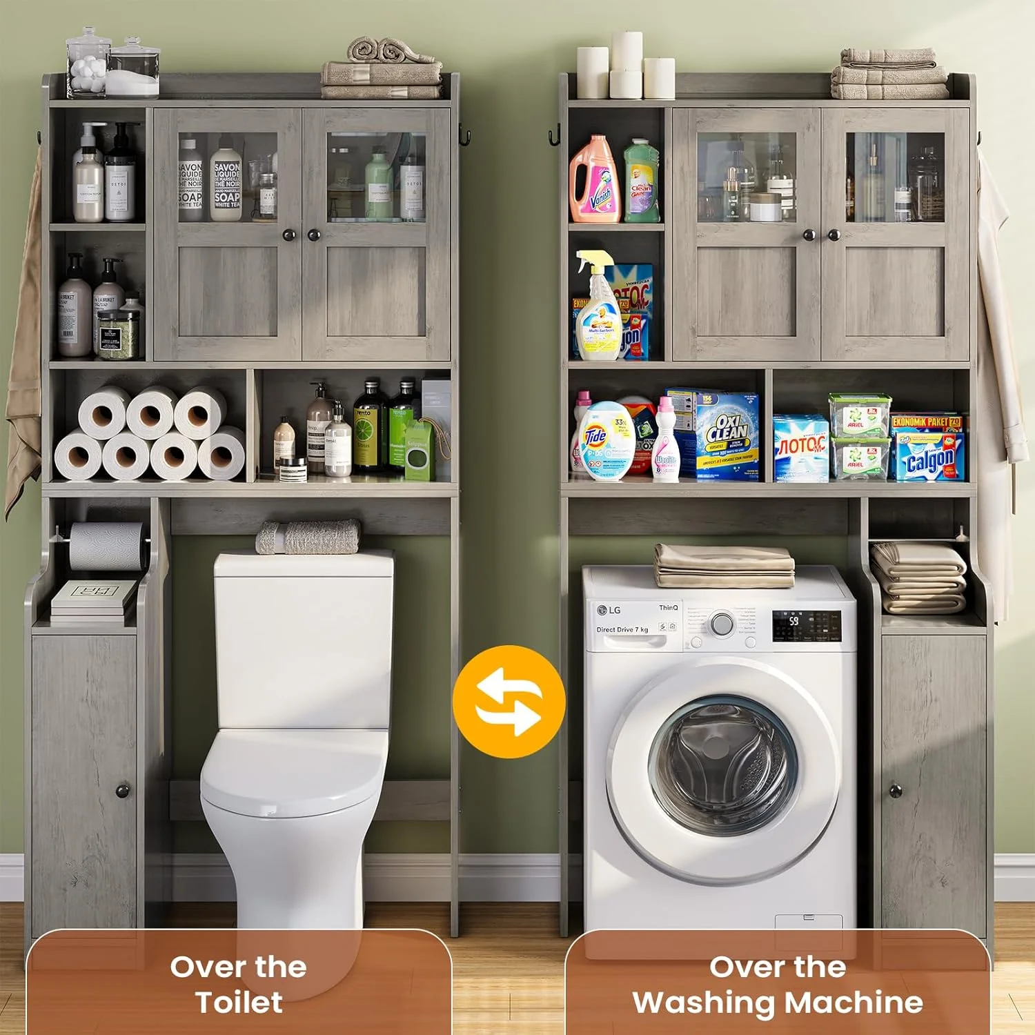 Over The Toilet Storage Cabinet with 3 Doors, Farmhouse Space Saver for Bathroom Organizer with Paper Holder, 10 Shelves and Hooks, 7-Tier Over Washing Machine Cabinet for Laundry, Bathroom, Natural - Image 24