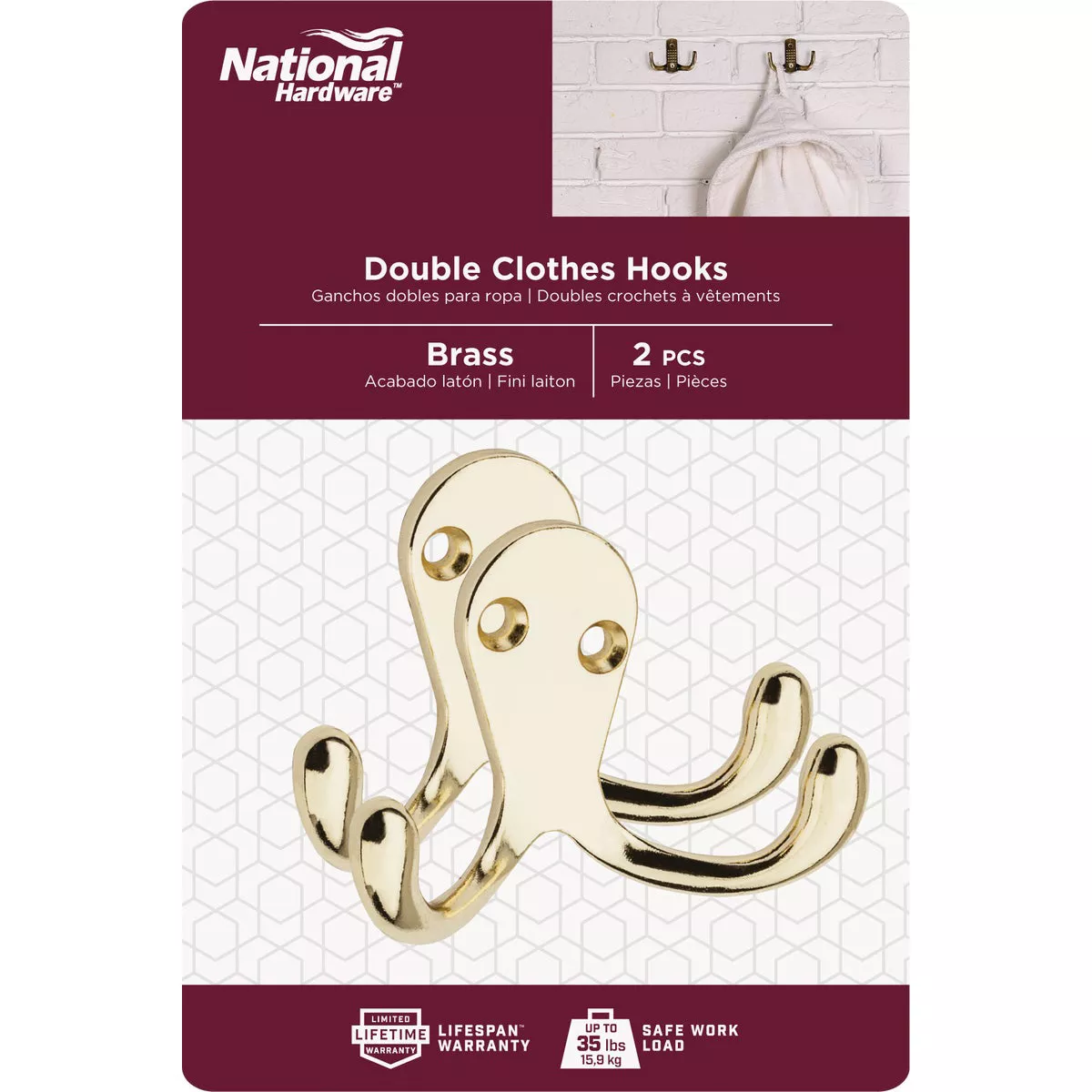 National Hardware Brass Double Clothes Hook (2-Pack)
