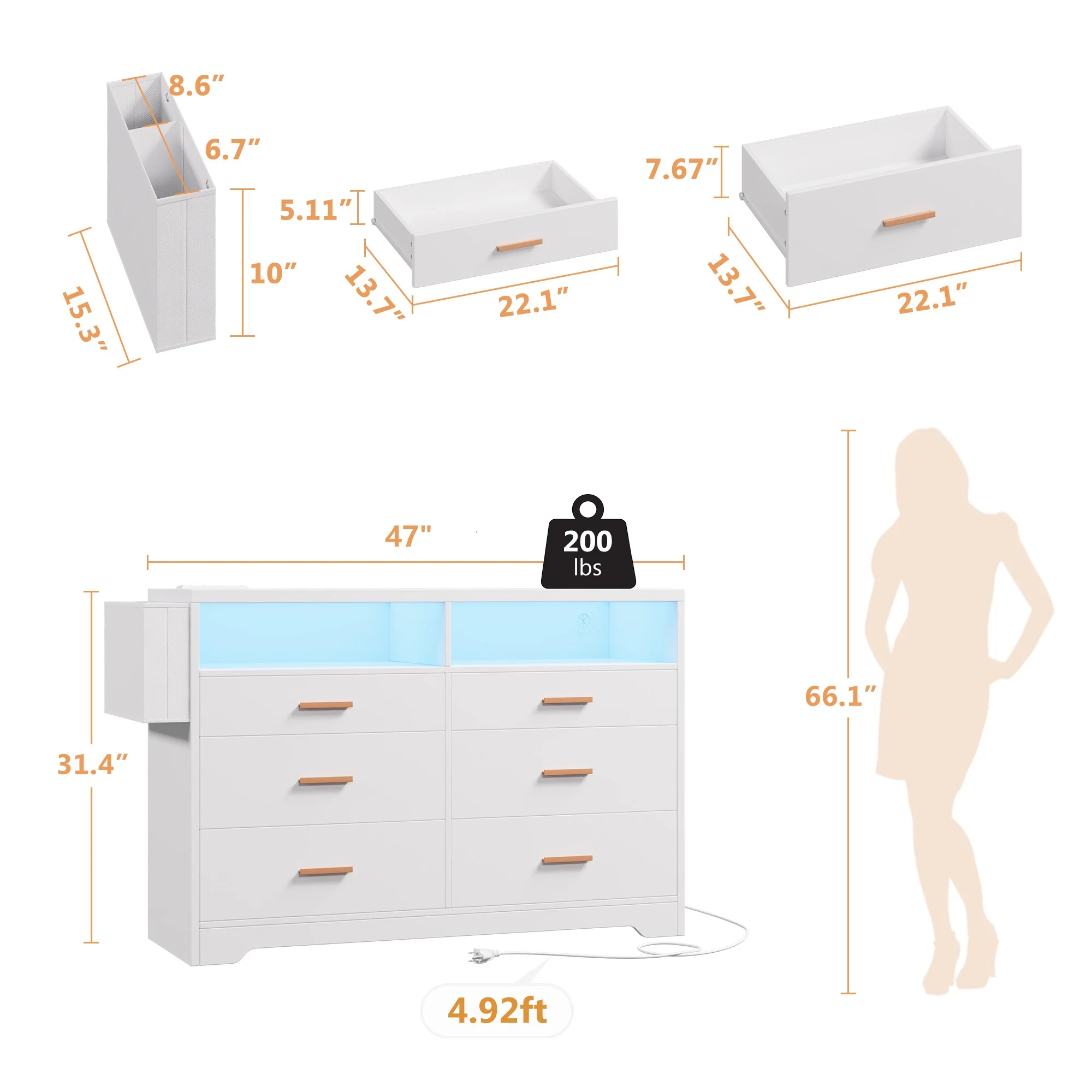 White Dresser for Bedroom,6 Drawers Dresserwith LED Lights and Charging Station, 47