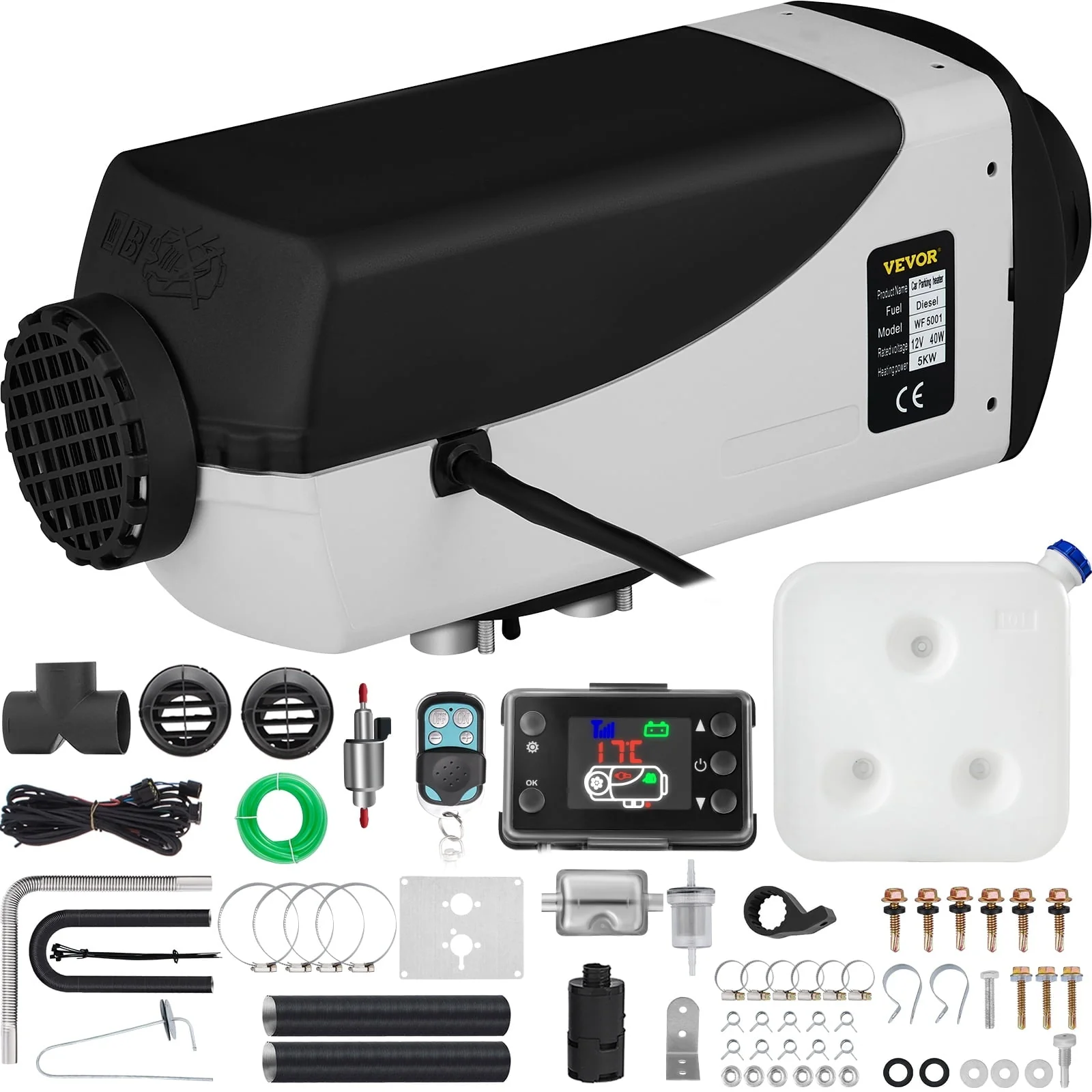 VEVORbrand 5KW Diesel Air Heater 10L Tank Diesel Heater 12V Diesel Parking Heater Muffler with LCD Thermostat and Remote Control for RV Bus Trailer Motor-home and Boats