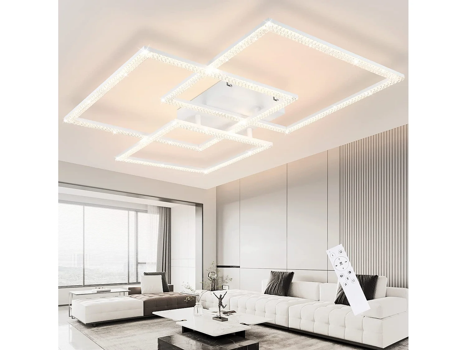 ZMH Plafonnier LED Design Carré en Cristal Blanc pour Salon avec Télécommande 82W