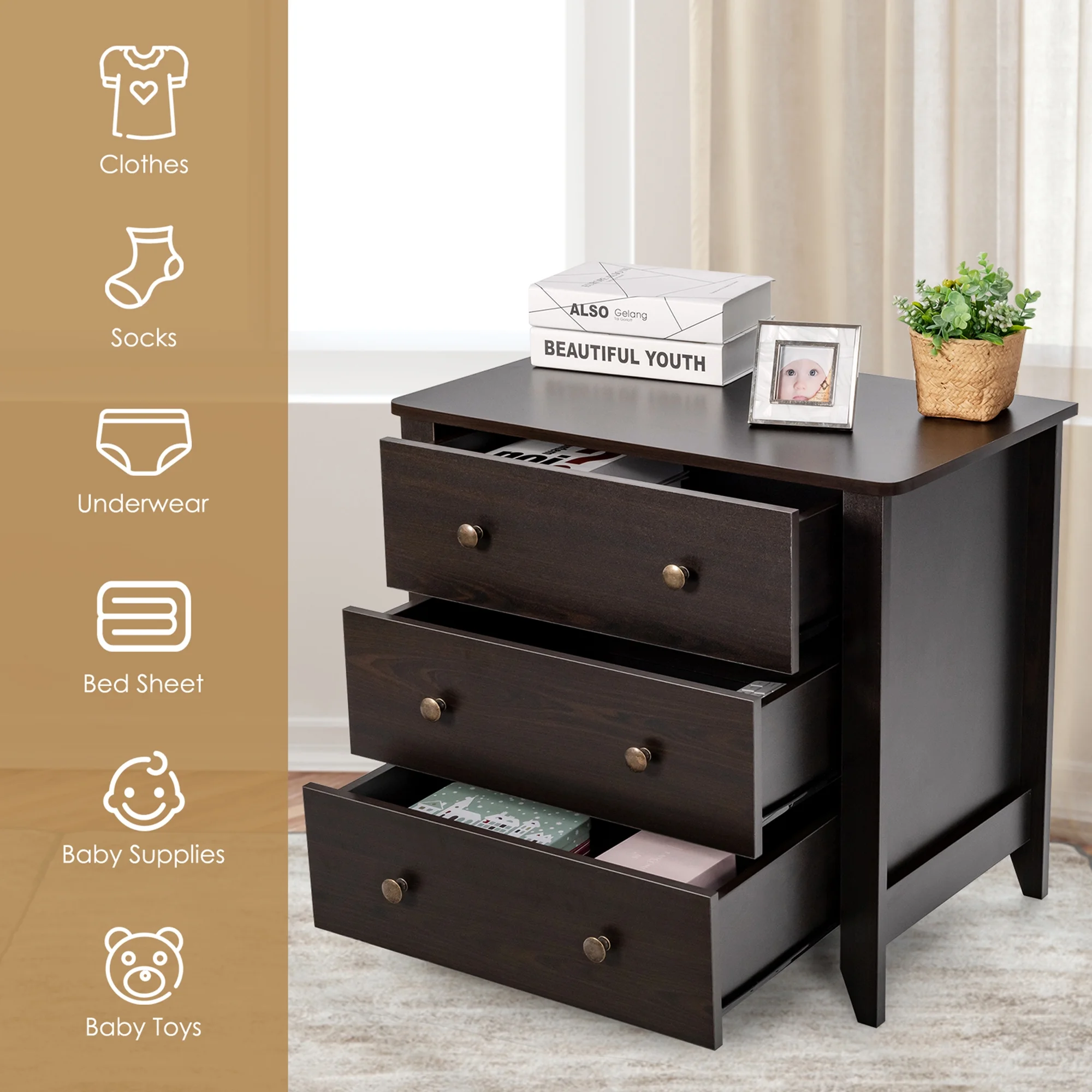 Gymax 3 Drawer Dresser Chest of Drawers Bedside Table for Living Room Bedroom Espresso - Image 7