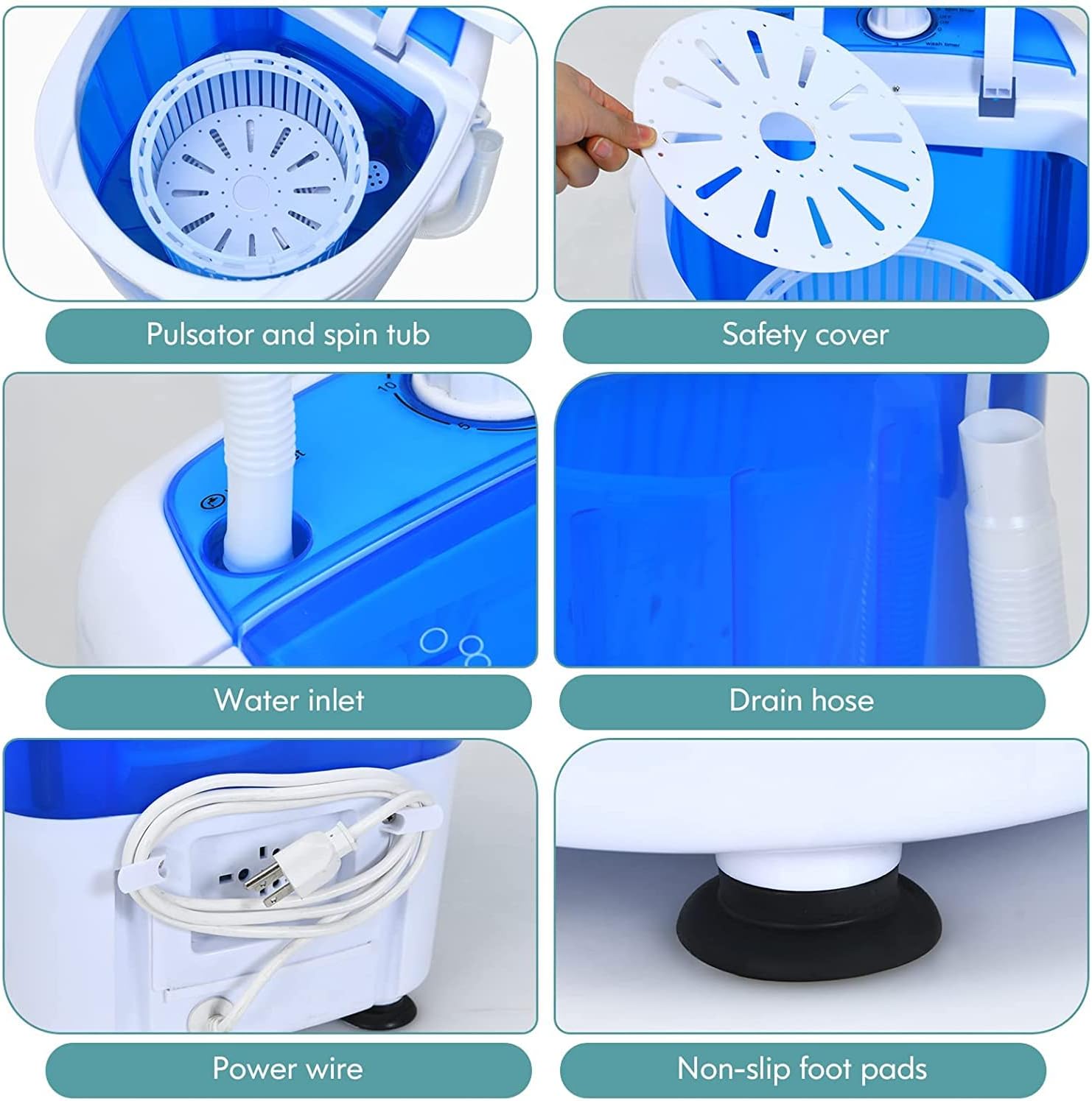 FUTADA Mini Washing Machine with Spin Dryer, Portable Clothing Washer Single Tub Washing Machine, 5.5lbs Washer Blue