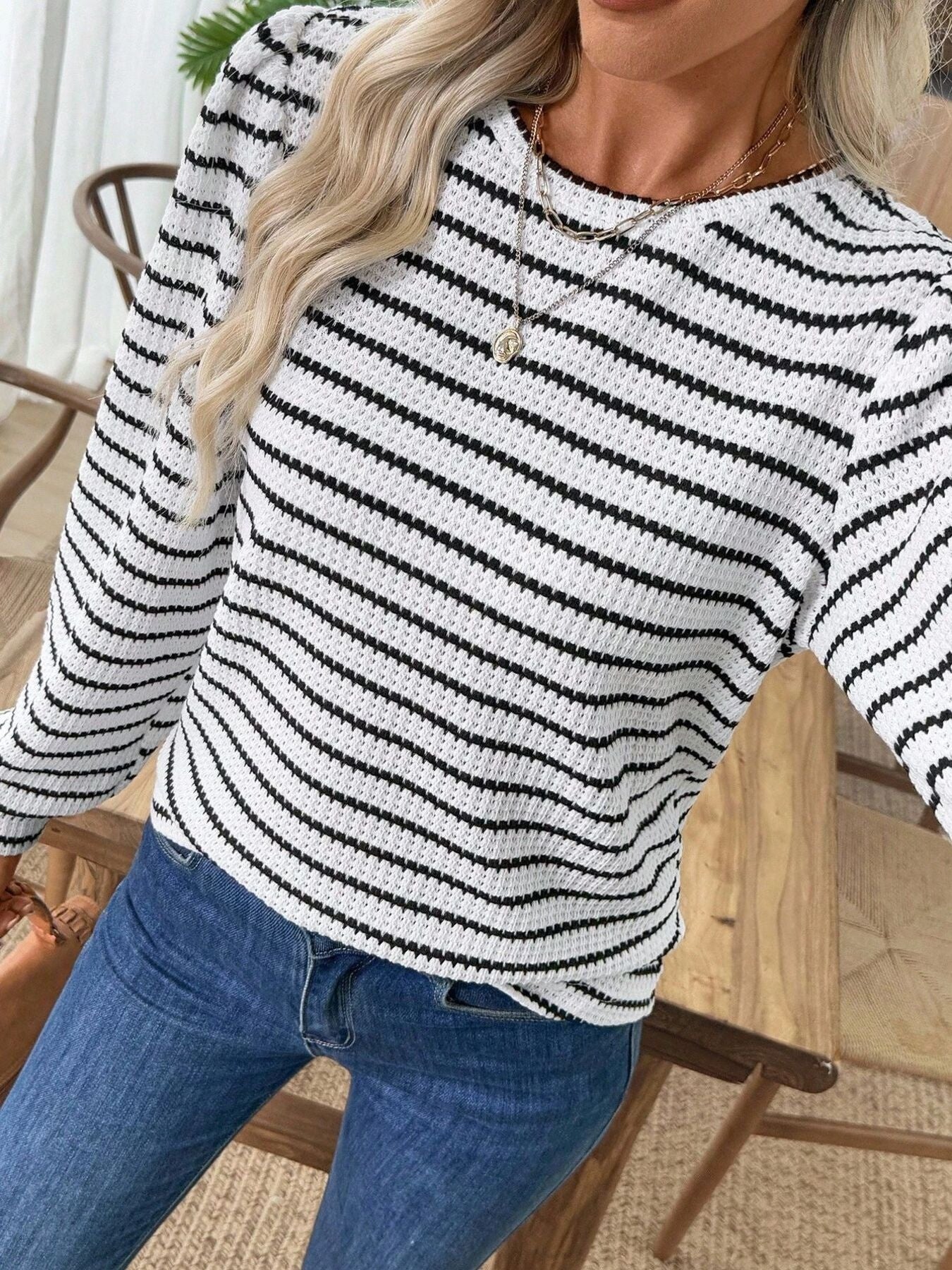 Striped Long Sleeve Texture Knit T-Shirt - ZKZOOK