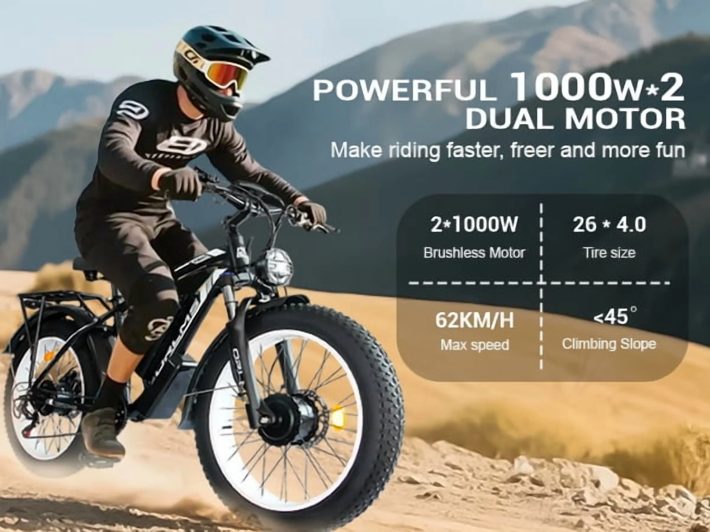 5000w Peak Dual Motor Electric Bike, 26" Fat Tire Shimano 21 Speed 45 MPH Commuter Mtb, 60V 25AH Front Suspension Ebike - Image 4