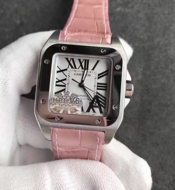 Replica Cartier Santos 100 33mm SS White Dial Pink Leather Strap SEIKO NH05A - Top club