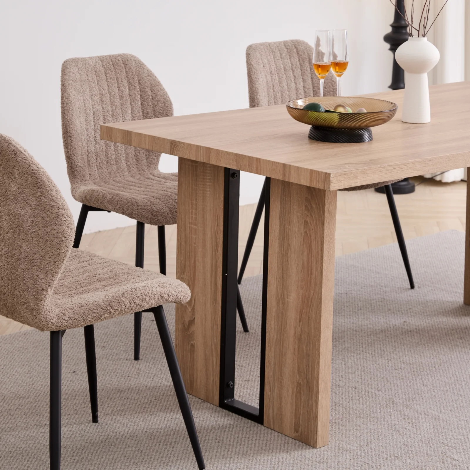 5pcs Rectangle Dining Table Chairs Set for 4, 63" Farmhouse Wood Kitchen Table with 4 Upholstered Mid Century Modern Boucle Chairs for Dinner, Living Dining Room, Apartment, Beige - Image 21