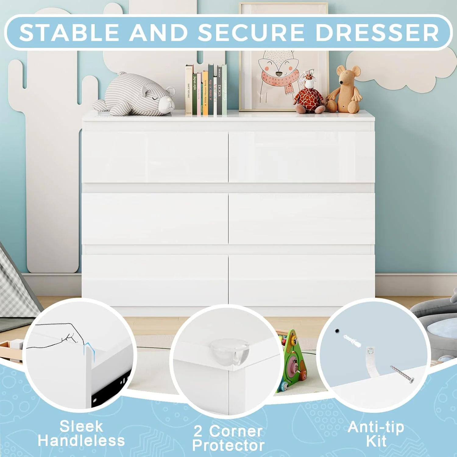 Selooye White Wood Dresser, 6 Drawer Dresser for Clothes Storage,Bedroom, Modern White Dresser with Wide Drawers, Wide Wooden Chest Drawers for Living Room, Entryway, TV Stand - Image 8