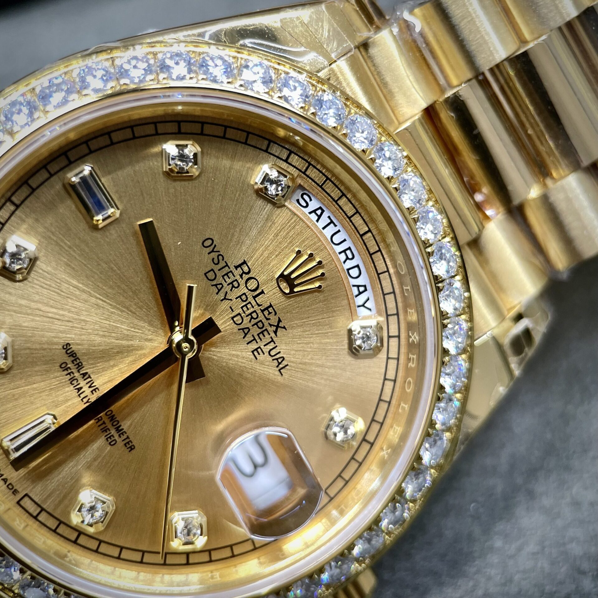 Rolex Fake Watch Day-Date Yellow Dial Custom Moissanite Diamonds 40mm - Top club