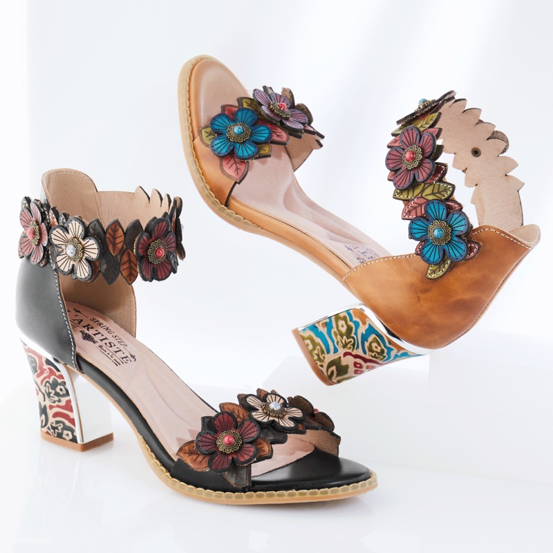 L'Artiste Leather Doublelove Sandal by Spring Step with 3D Flowers - MIDNIGHT VELVET CATALOG