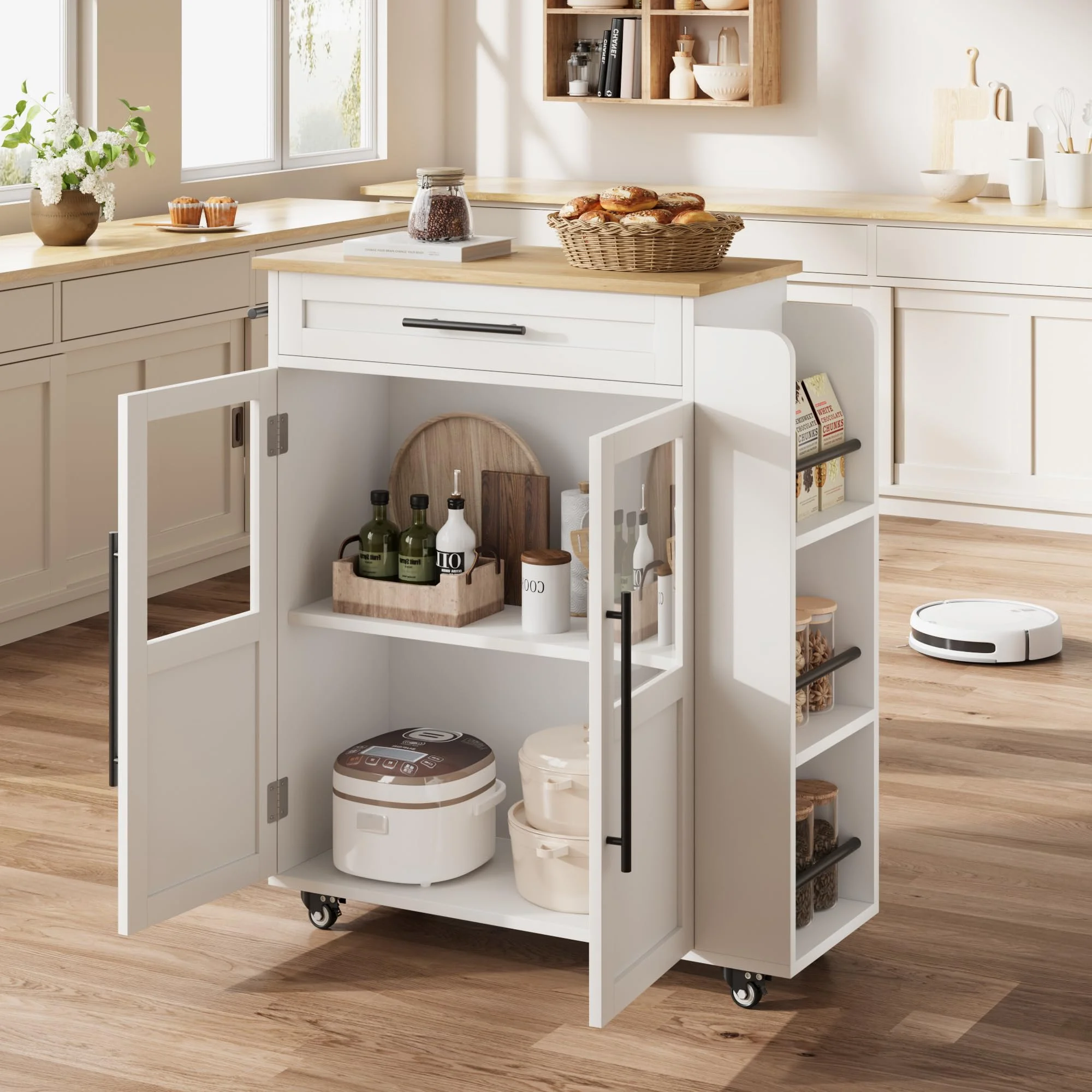 Danolapsi Kitchen Storage Island,Wooden Rolling Kitchen Island On Wheels with Thicker Wooden Top,Kitchen Cart with Storage Cabinet,Portable Trolley Island with 3 Spice Rack and Drawers,for Kitchen