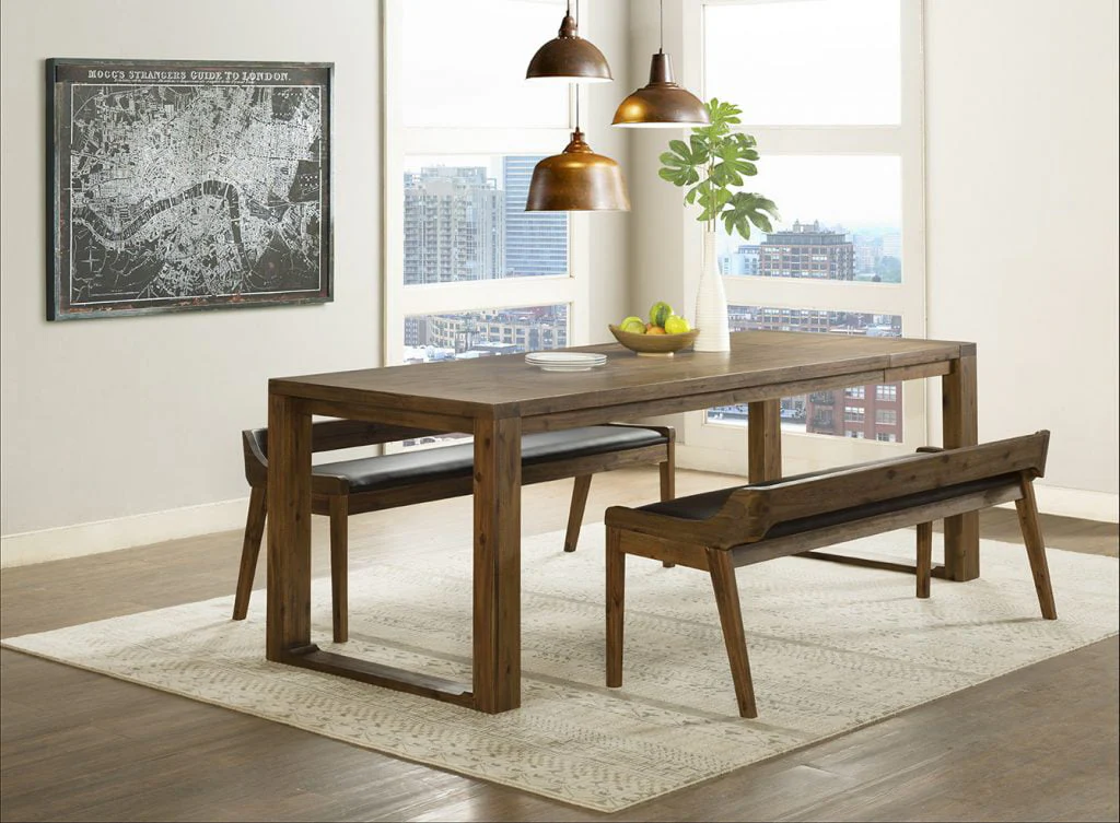 Boraam Rasmus Low Back Faux Leather and Wood Dining Bench, Chestnut Wire-Brush Finish