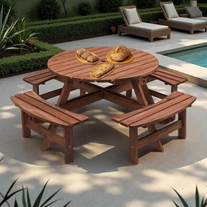 8-Person Fir Wood Round Picnic Table Set With 4 Built-In Benches And Umbrella Hole - Image 2 8-Person Fir Wood Round Picnic Table Set With 4 Built-In Benches And Umbrella Hole - Image 2