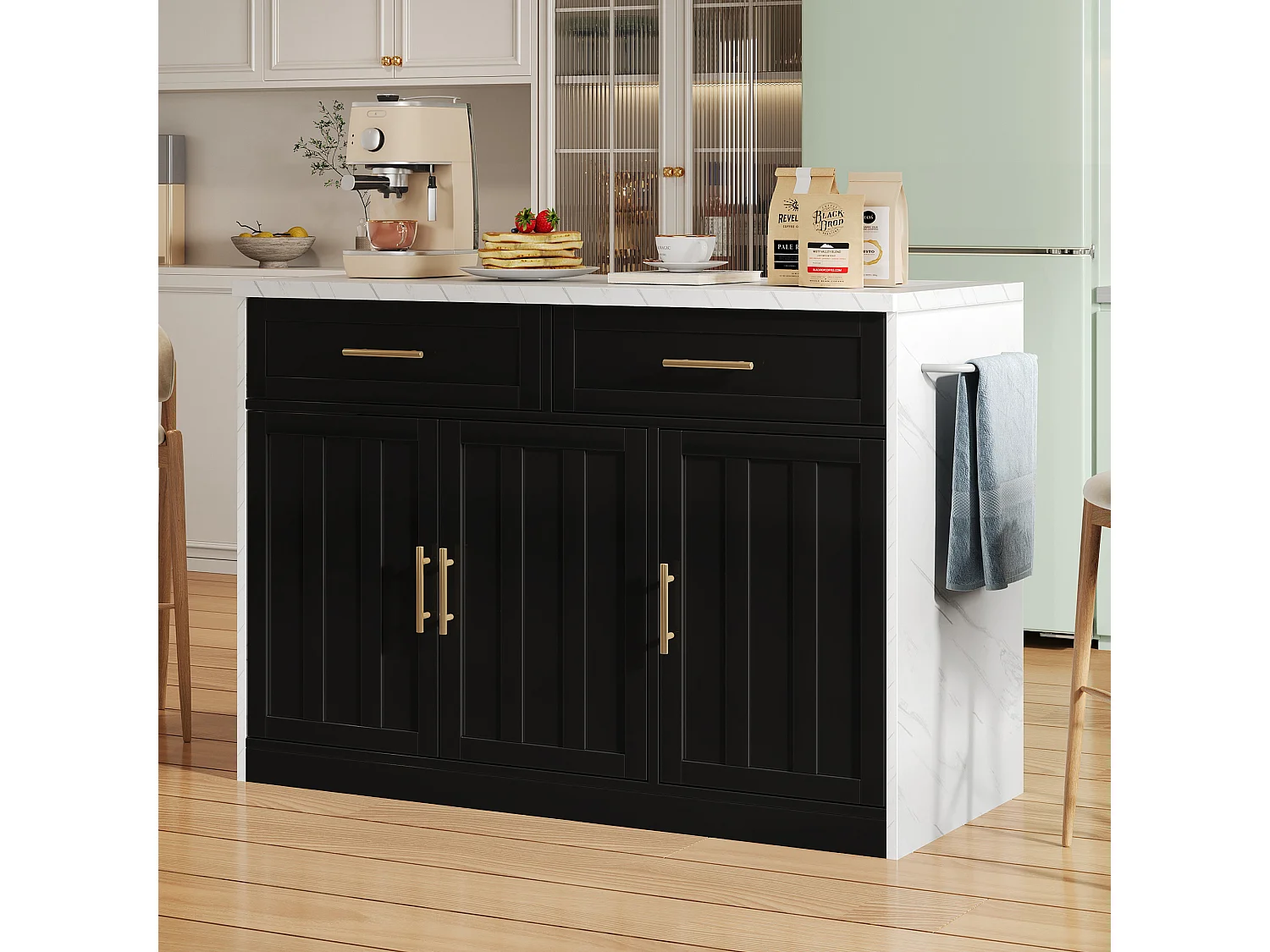 Îlot central de cuisine avec 3 portes ,2 tiroir et USB - Effet marbre blanc -Noir