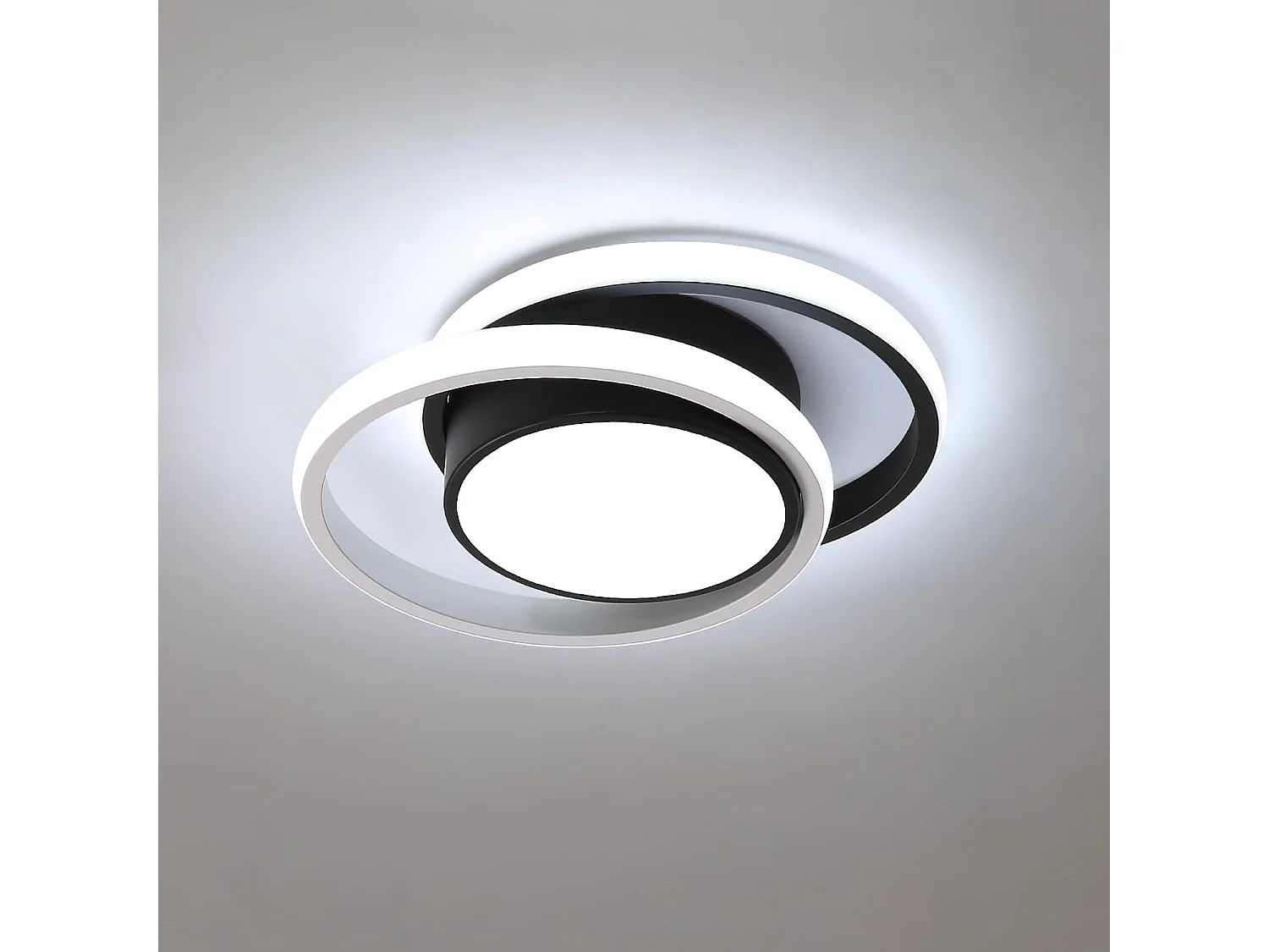 Haobosic Plafonnier LED double cercle aluminium 32W blanc froid, forme ronde, finition noir et blanc, base 12cm
