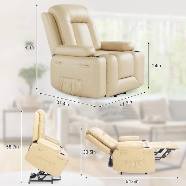 PU Leather Power Lift Recliner Chair With Massage and Heat, Adjustable Furniture for Back, Legs w/ 3 Positions, Usb Port, Side Pocket (Beige, 27 Seat Width+Cup Holders) - Image 7