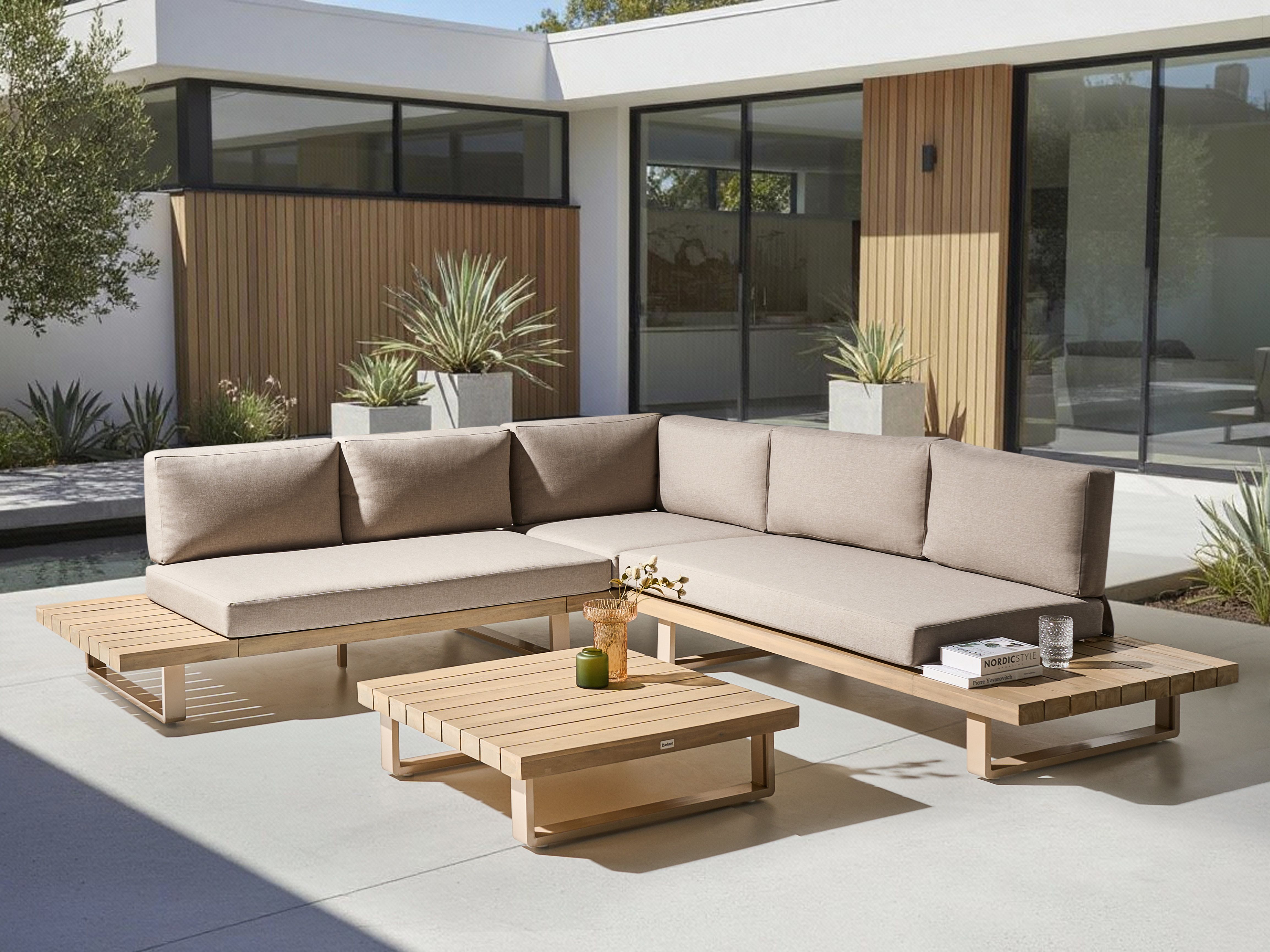 Garden Corner Sofa with Table 5 Seater MYKONOS Right Hand Certified Acacia Wood Taupe