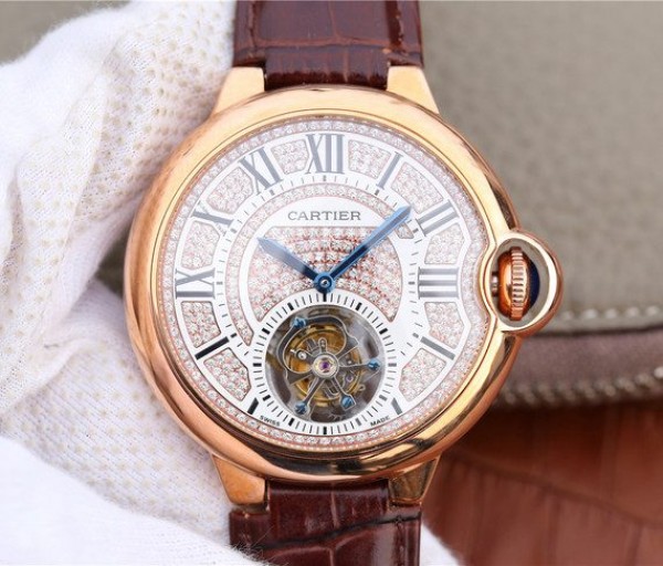 Replica Cartier Ballon Bleu de Cartier Tourbillon RG Leather Strap Diamonds Dial - Top club
