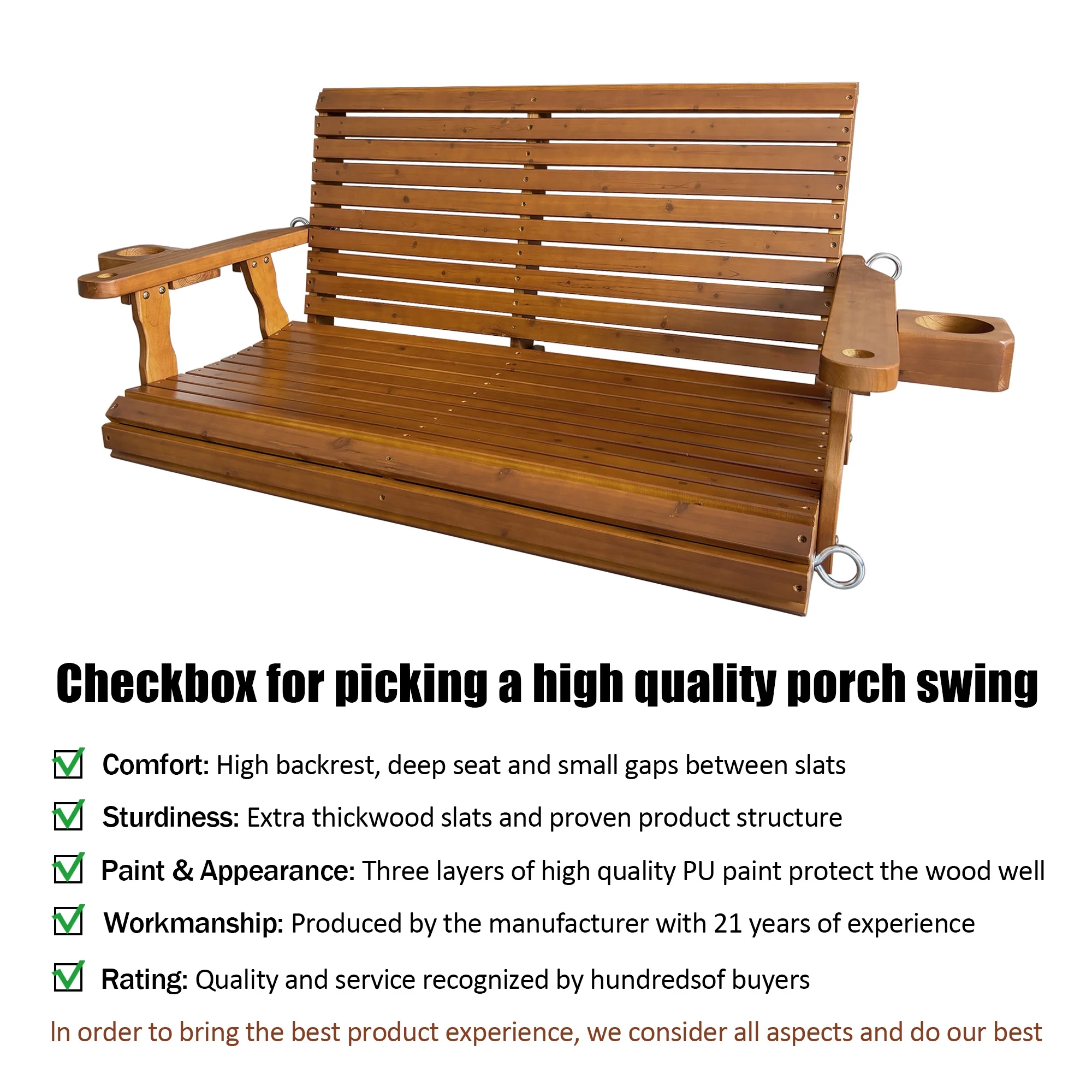 Fortune Candy 3 Person Outdoor Wood Hanging Swing, Heavy Duty 880 lbs Wood Porch Swing, Brown-5ft - Image 52
