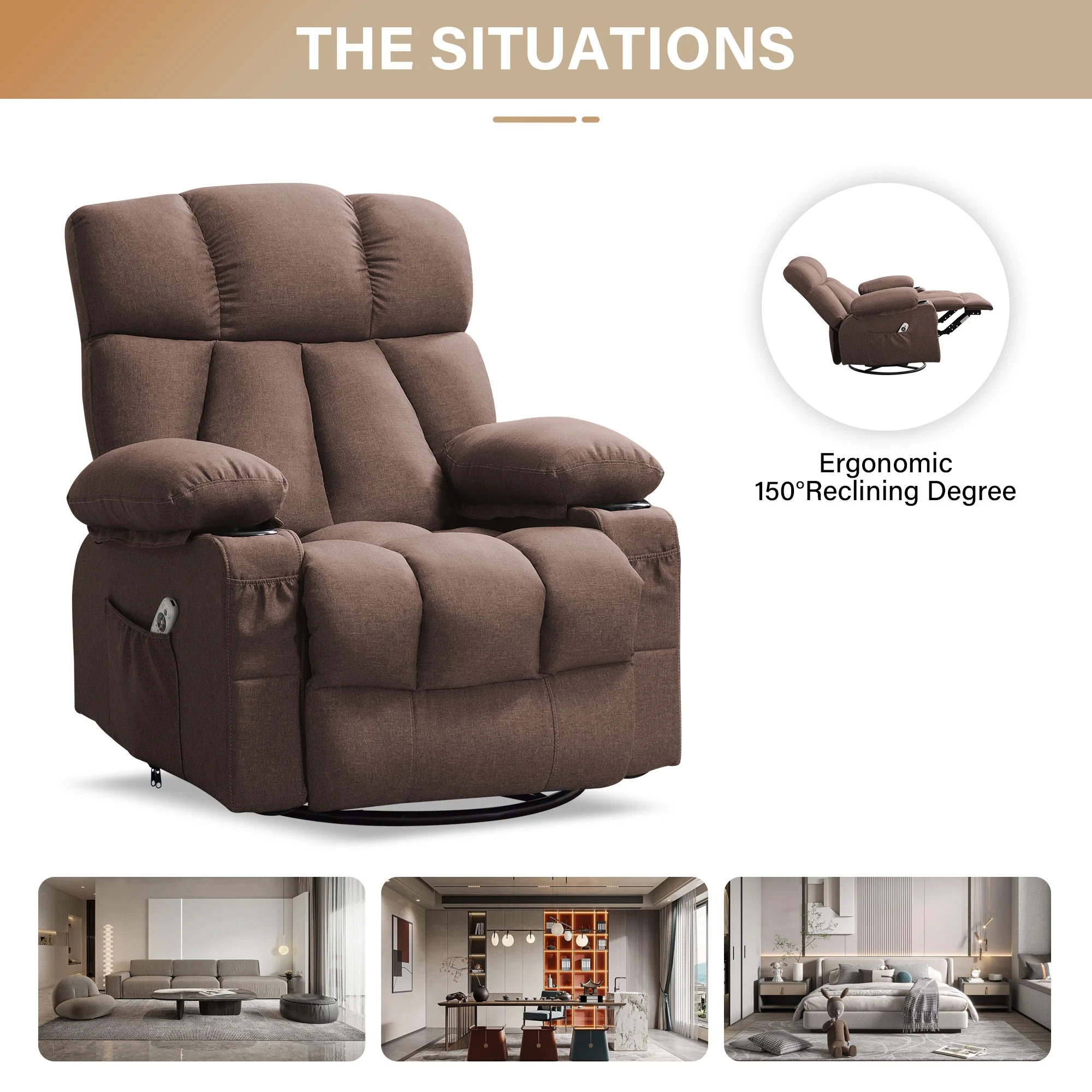 JONPONY Manual Recliner Chair with Heat Therapy and Massage Function, Heavy Duty Reclining Mechanism Massage Chair, Elderly Single Rocker Sofa with Cup Holders for Bedroom Home Theater,Grey - Image 84