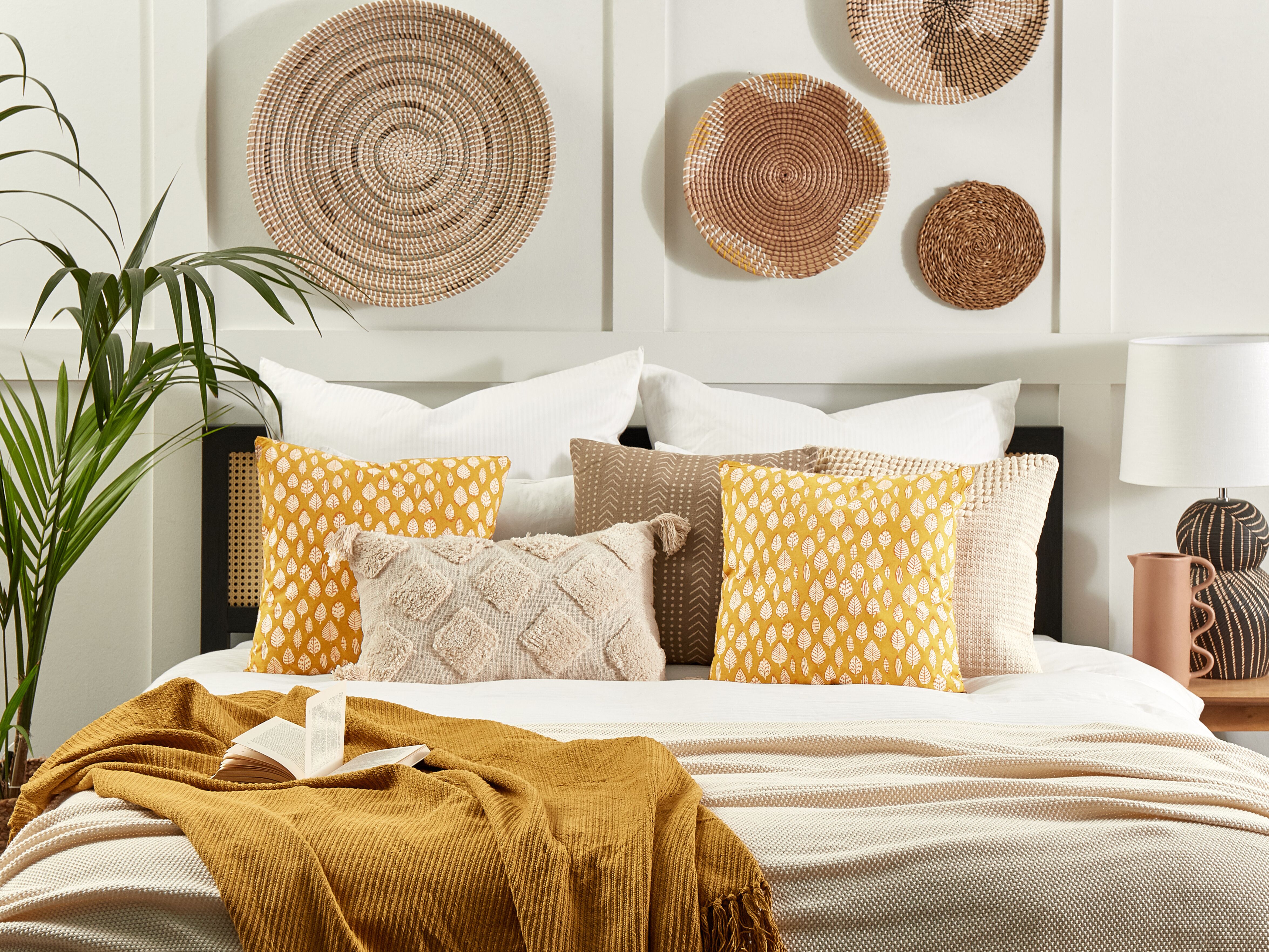 Throw Cushion GINNALA Cotton 45 x 45 cm Yellow Plant Pattern