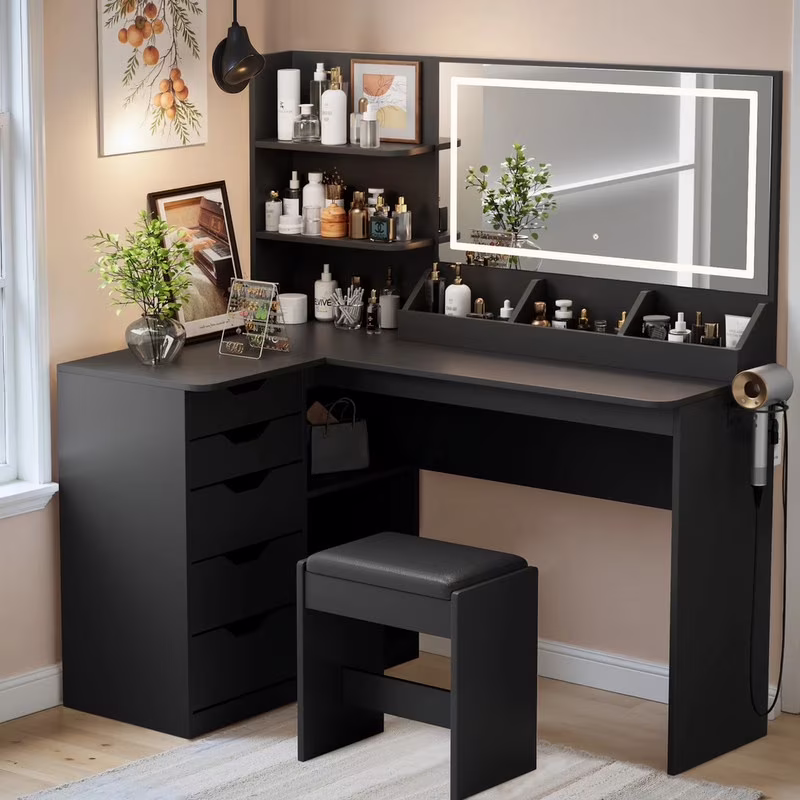 Furmax L Shaped Vanity Desk Set Corner Makeup Vanity Set with Adjustable LED Lighted Mirror & Power Outlets Dressing Table with Organizers, and Cushioned Stool, White - Image 3