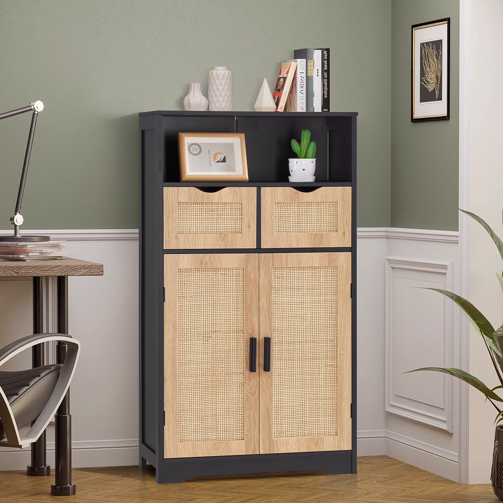 FANGSUM Rattan Storage Cabinet with 2 Drawers & 2 Shelves, Floor Cabinet for Living Room - Image 9