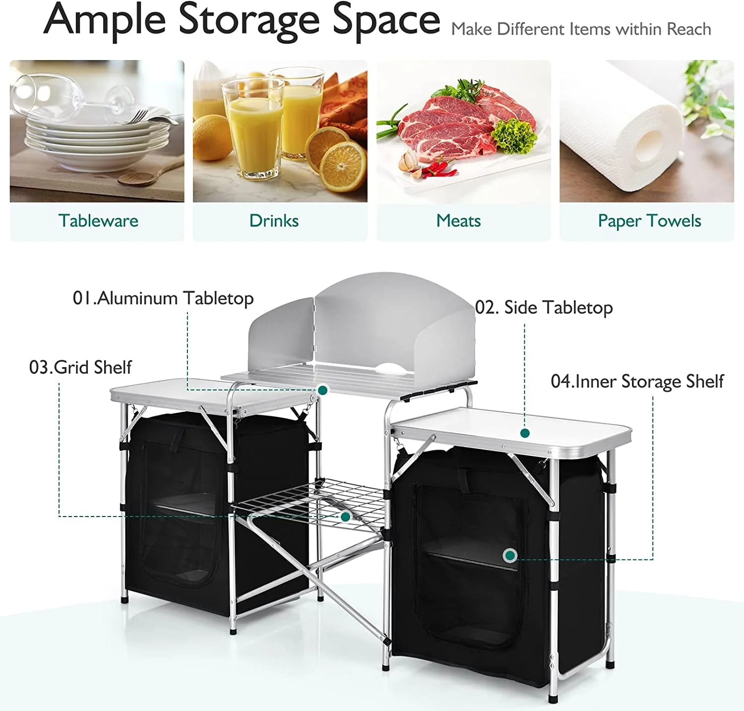 Camping Kitchen Table with Storage, Aluminum Portable Outdoor Cooking Table with Windscreen, Foldable Camp Table Cook Station for BBQ, Grill, Party, Picnics - Image 12