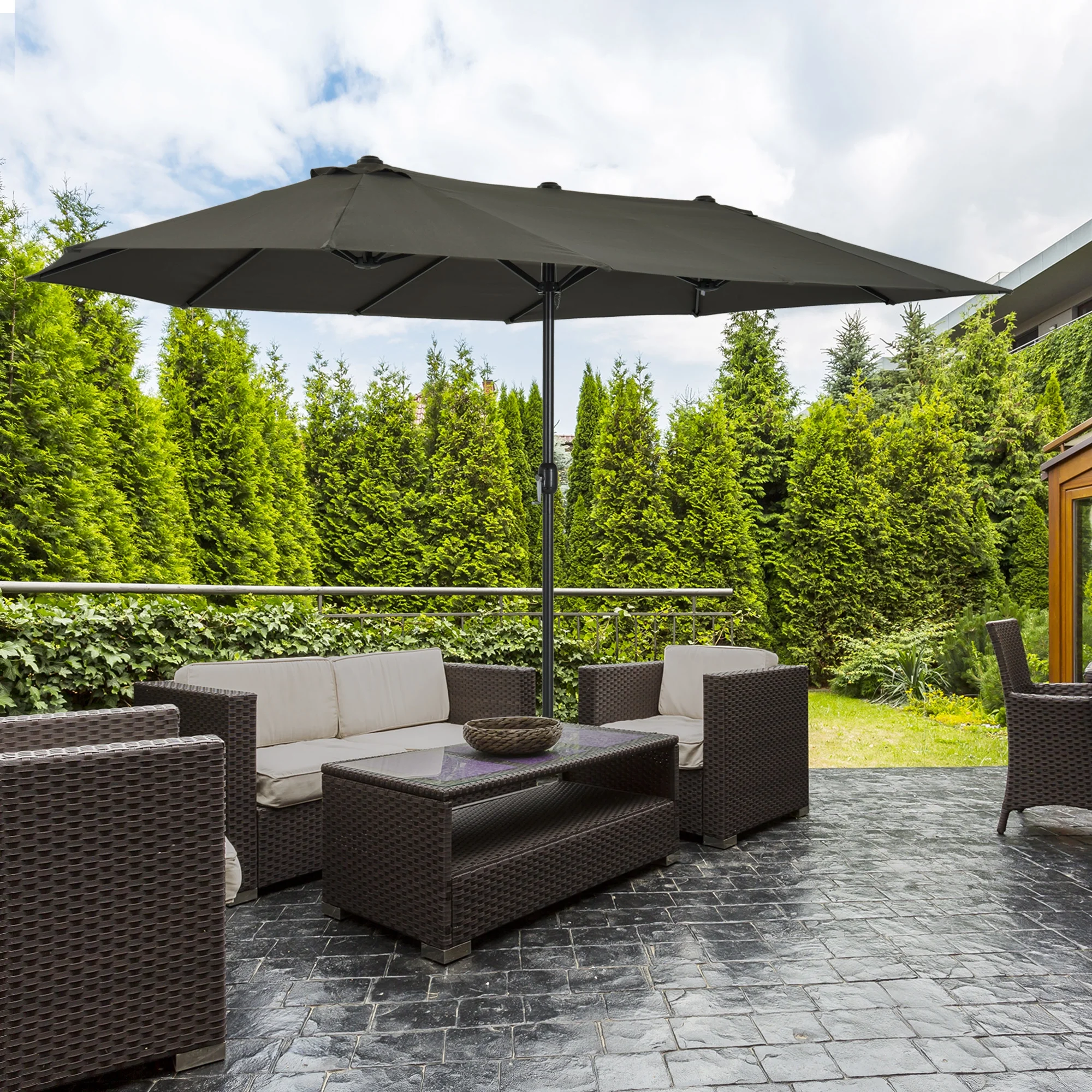Outsunny Extra Large 15Ft Patio Umbrella,Double-Sided Outdoor Umbrella with Crank Handle and Air Vents for Backyard,Deck,Pool,Market,Gray,Gray Steel Lighting Outdoor Lighting