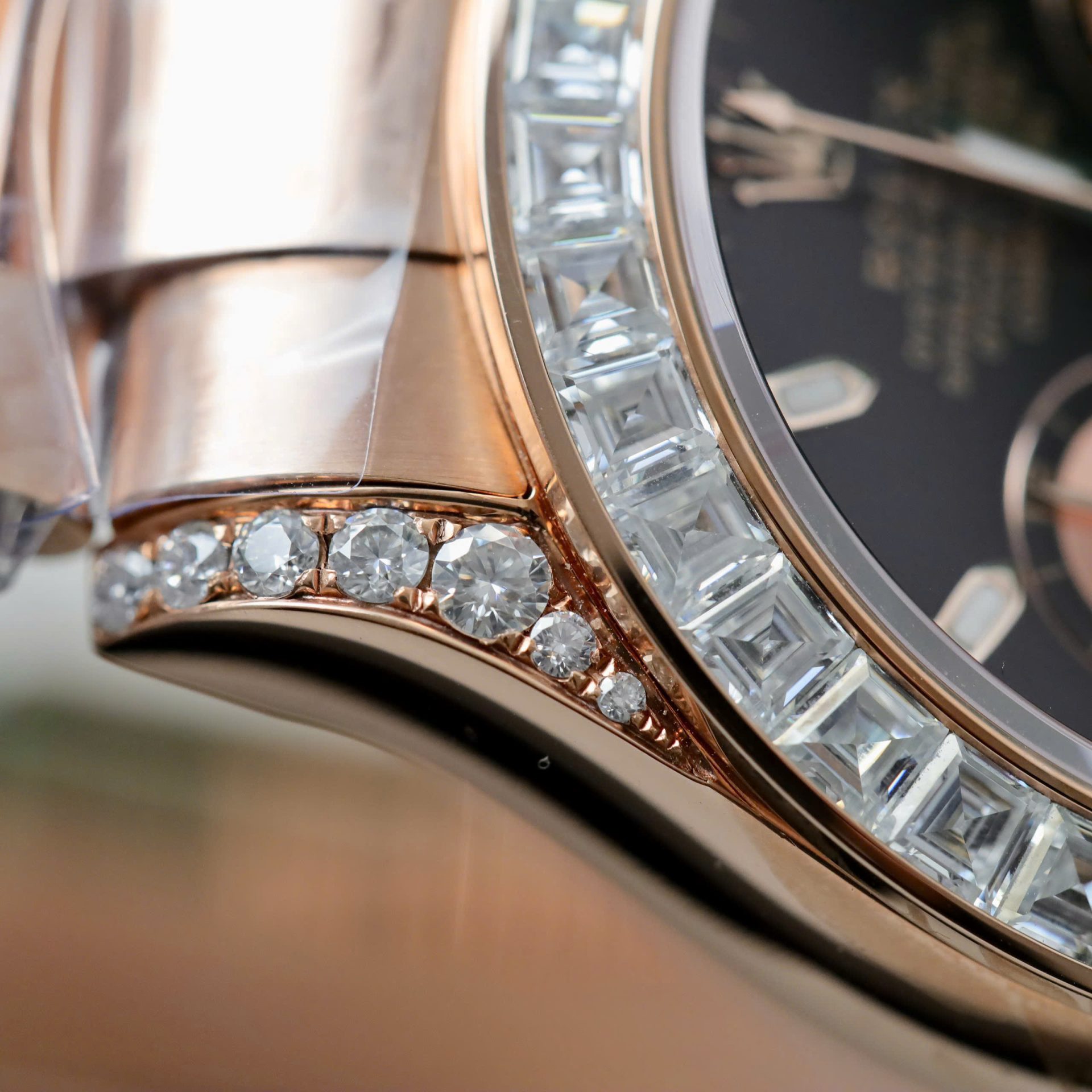Rolex Daytona Dial Black Copies Watches Gold Wrapped + Diamonds Moissanite Baguette 40mm - Elite Watch Atelier