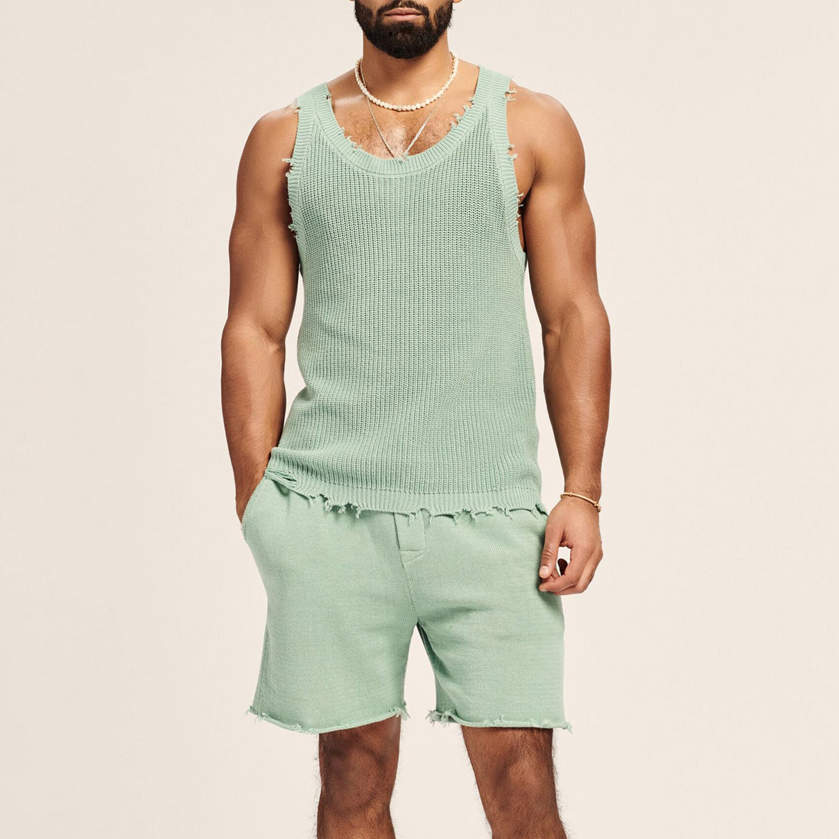 Suitmens Men's Casual Knit Sleeveless Athletic Shorts Set 06