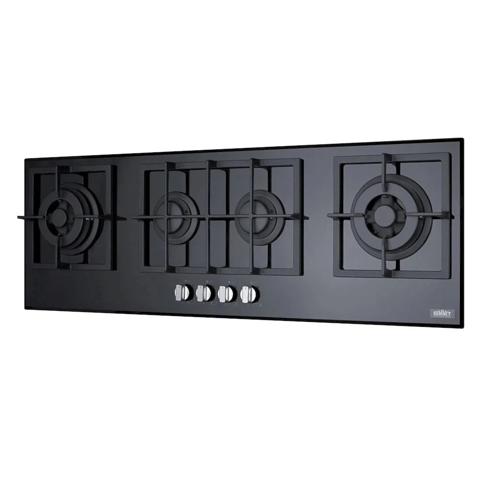 4-burner island gas-on-glass cooktop with sealed burners and cast iron grates