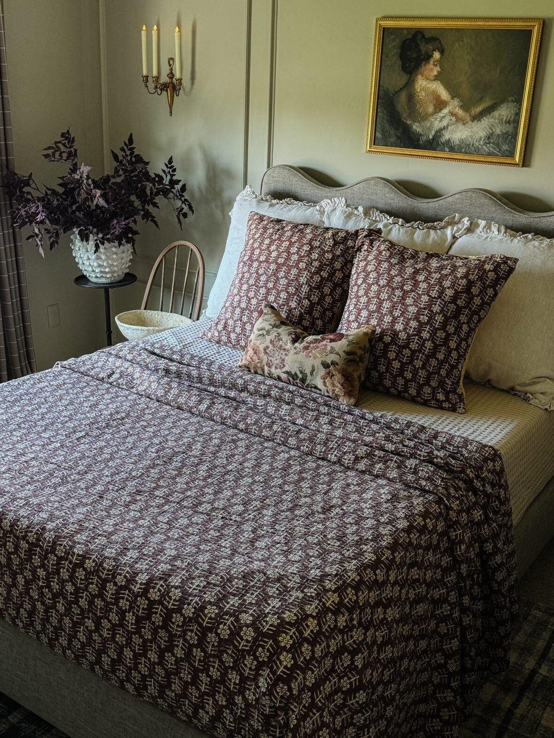 A & E Textile House Premium Flowers Print Cotton Kantha Quilt with Natural color bedding Bedcover Home