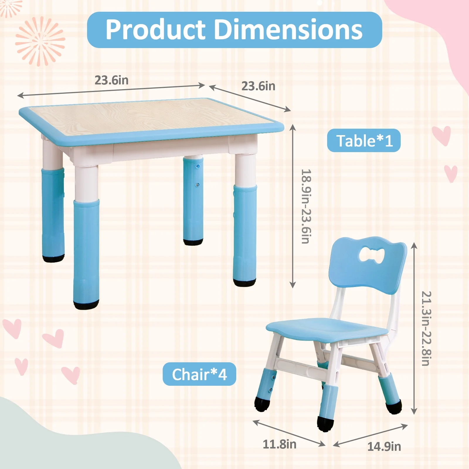 KATIDAP Kids Table and 4 Chairs Set, Height Adjustable Toddler Table and Chair Set, Graffiti Desktop, Classroom/Daycare/Home, Children Multi-Activity Table for Ages 2-8,Blue