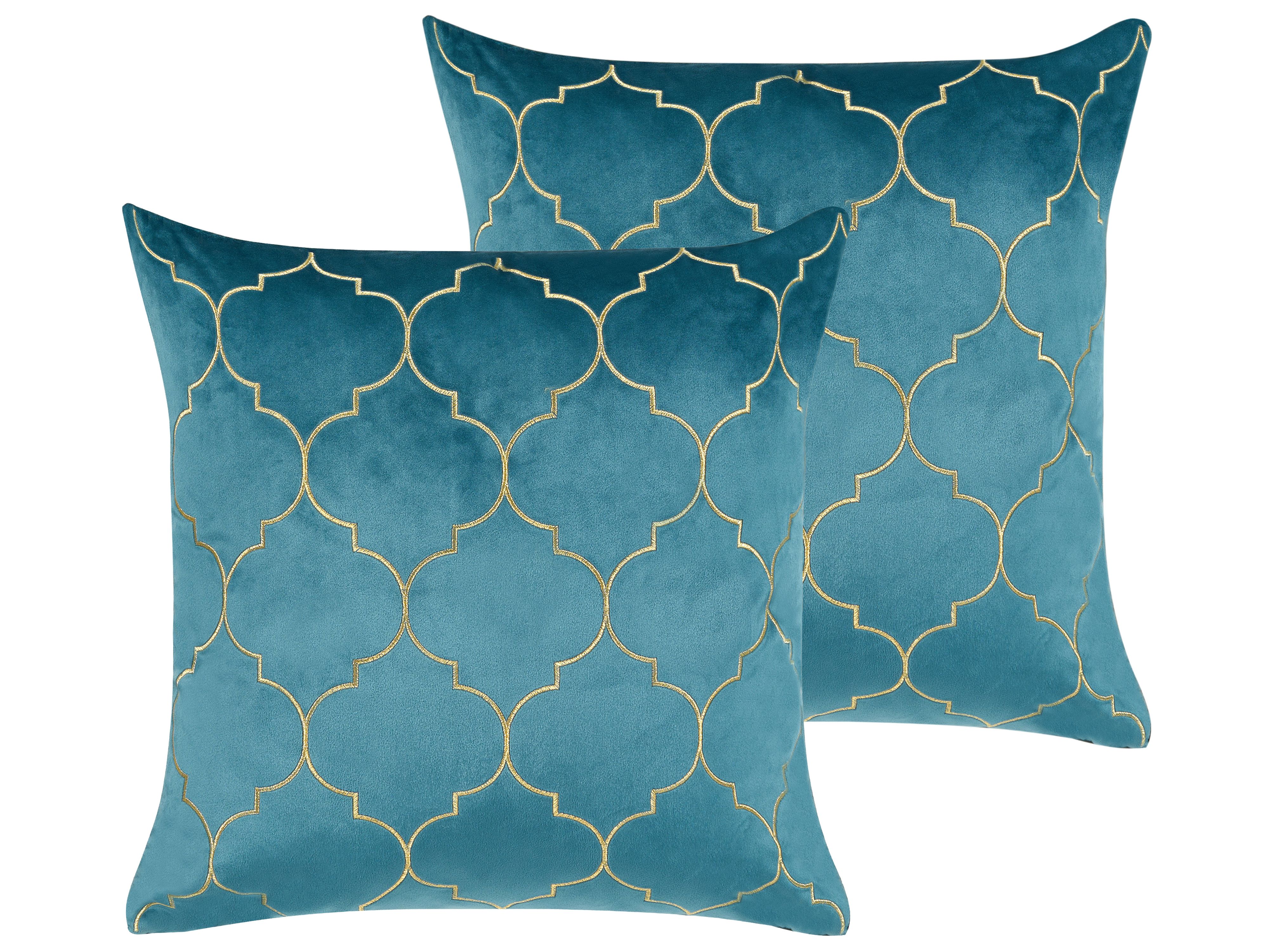 Set of 2 Decorative Cushions ALYSSUM Velvet 45 x 45 cm Blue Trellis Pattern