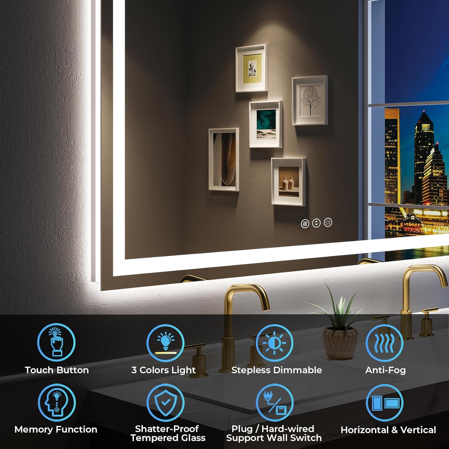 72x36 Inch LED Bathroom Mirror with Lights Front and Backlit Lighted Vanity Mirror for Bathroom Wall with 3 Colors Dimmable Anti-Fog Memory Shatter-Proof IP54 Waterproof Horizontal/Vertical