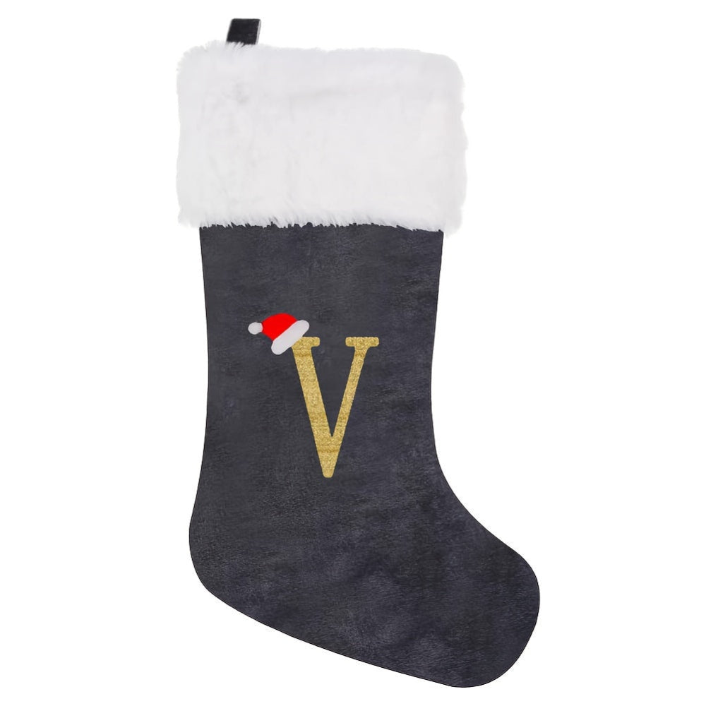 Gepersonaliseerde Fluwelen Kerstsok met Monogram – Modern Grijs Ontwerp