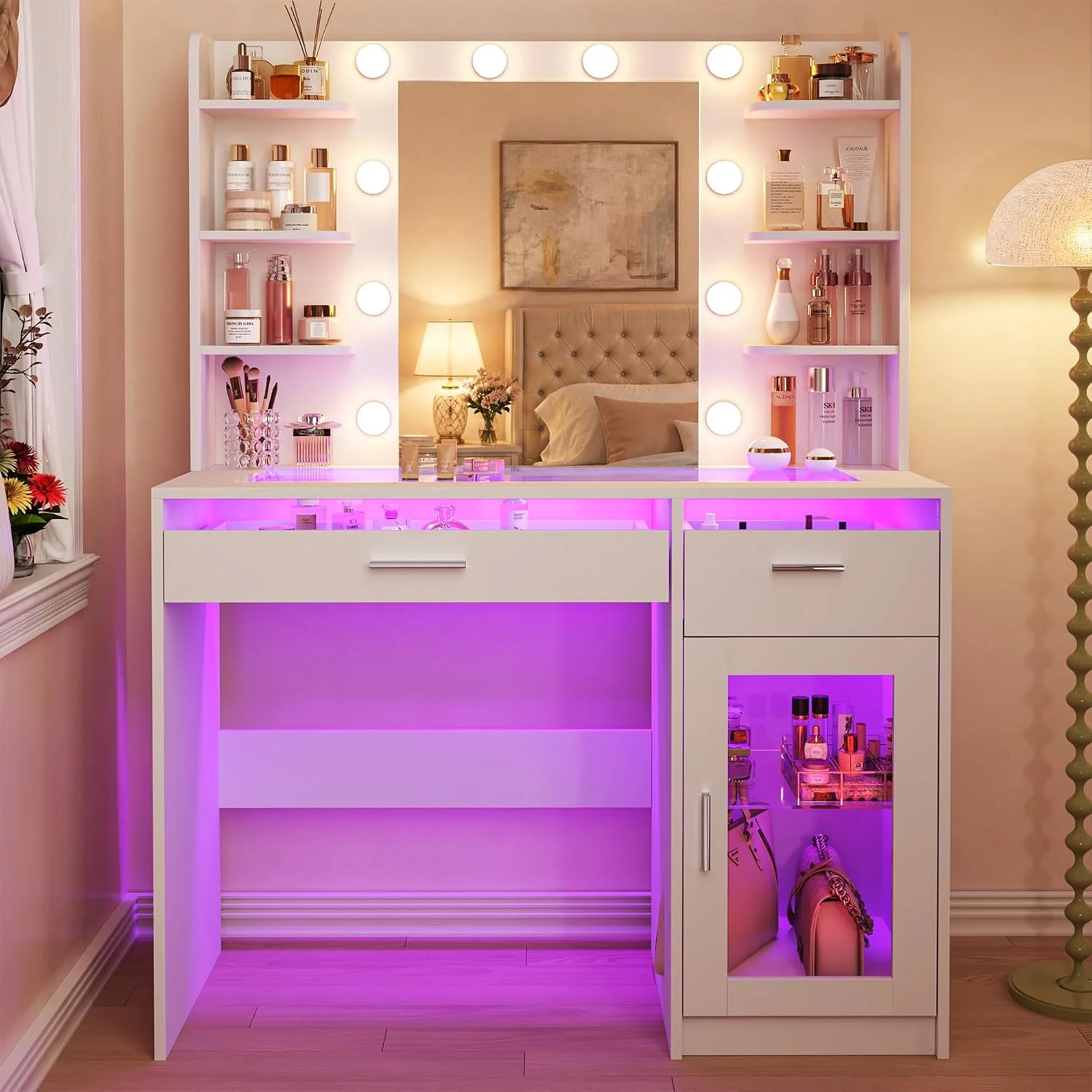 Fixwal Vanity Desk with Mirror and Lights, Makeup Vanity Table with RGB Drawers, 3-Color LED Lighting, Tempered Glass Top, 6 Shelves, Power Outlet, 35.4"W x 15.7"L x 55.1"H - Image 5 Fixwal Vanity Desk with Mirror and Lights, Makeup Vanity Table with RGB Drawers, 3-Color LED Lighting, Tempered Glass Top, 6 Shelves, Power Outlet, 35.4"W x 15.7"L x 55.1"H - Image 5