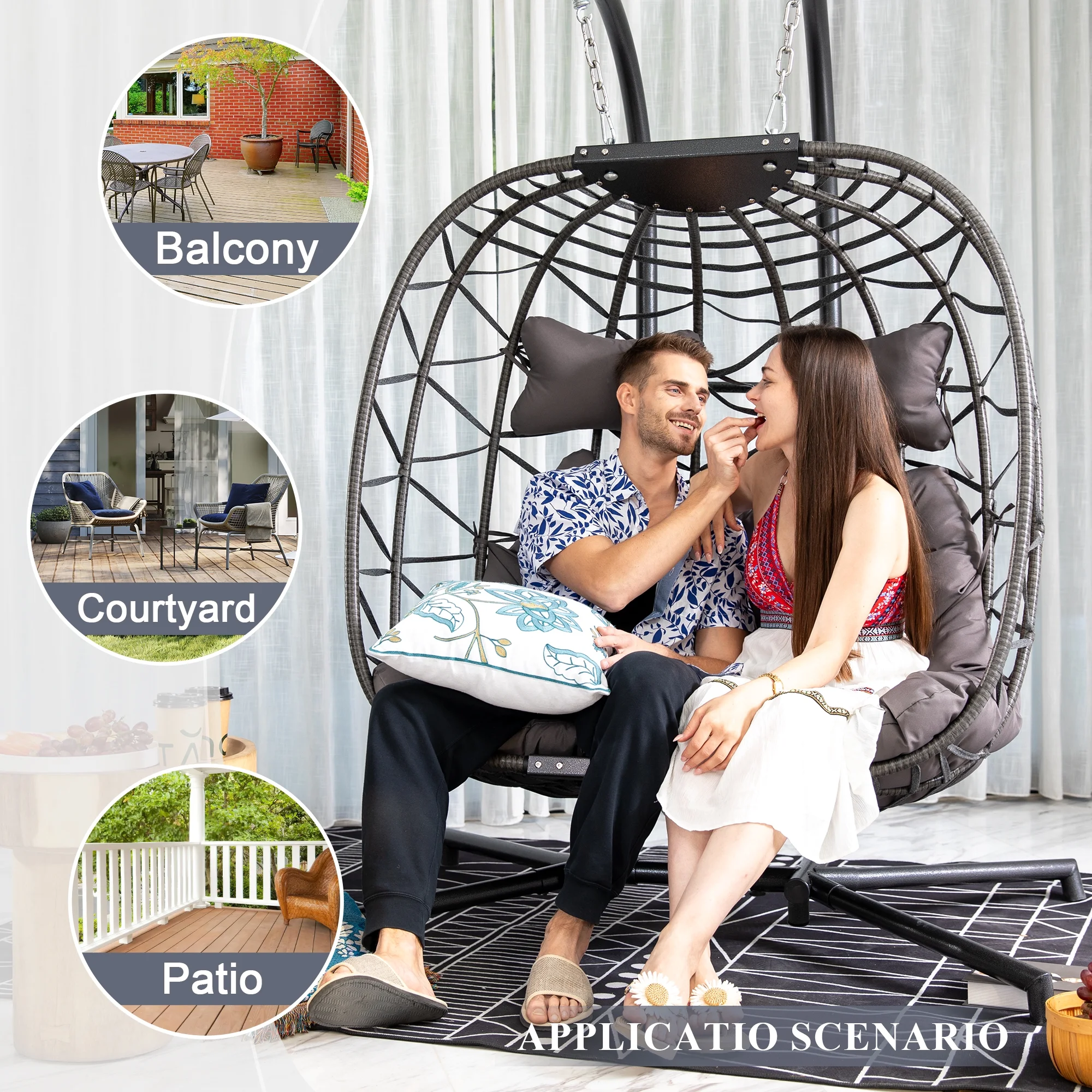 RADIATA Double Wicker Egg Swing Chair with Stand, 2-Person Hanging Egg Chair for Indoor/Outdoor, 700lbs Capacity, Thick Cushions & Headrest,Sturdy Metal Frame��Dark Gray - Image 4