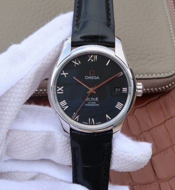Replica Omega V6 De Ville 41mm SS Black Dial Black Leather Strap A8500 - Top club