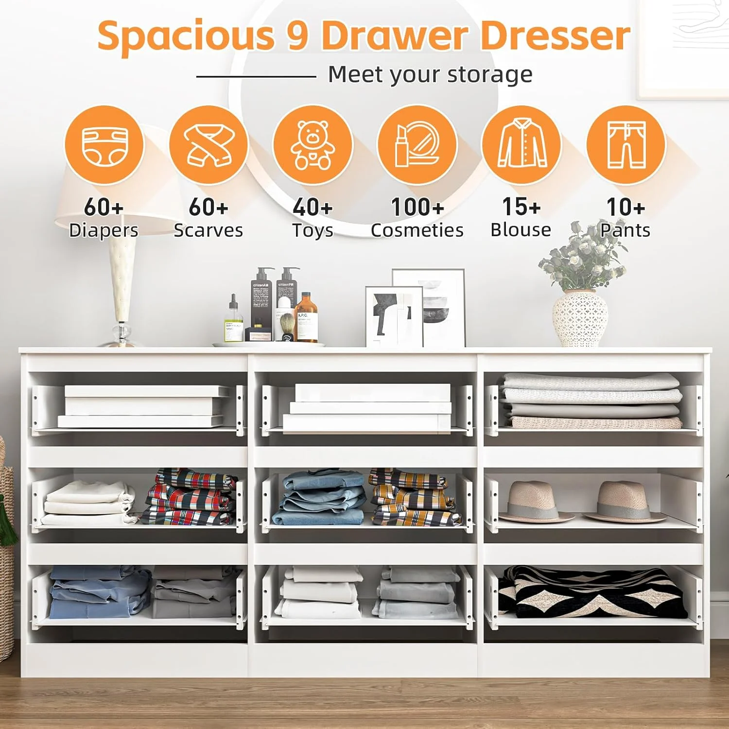 Fluted 6 Drawers Dresser, Wide Modern Chest of Drawers, Curved Profile Design, Dresser TV Stand, Wood Drawer Organizer for Bedroom, Living Room, Hallway - Image 16
