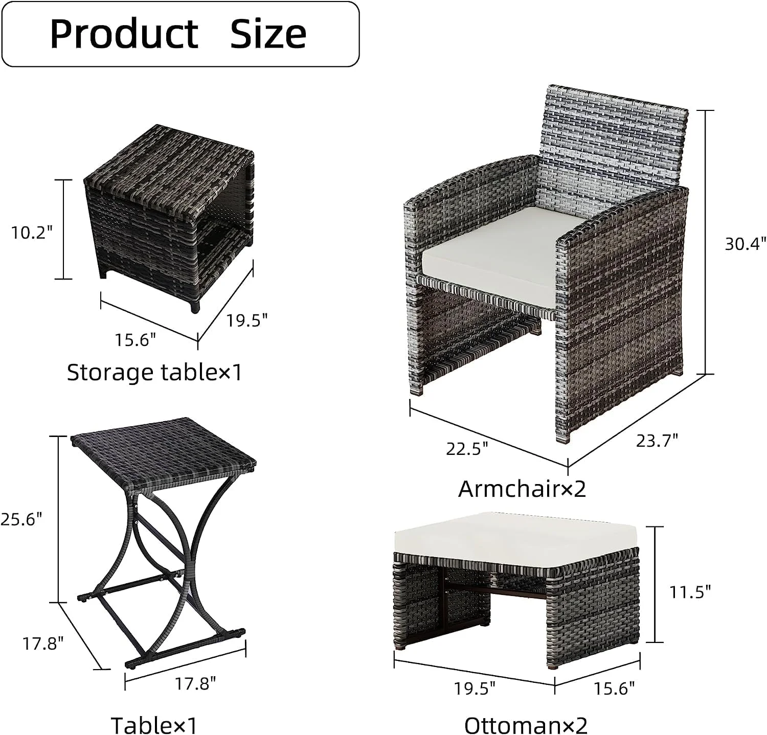 6 Piece Patio Furniture Conversation Set with Ottoman, Outdoor Black&Grey Wicker Chair and Table Set with Beige Cushion, Balcony Furniture for Apartments. (Black)