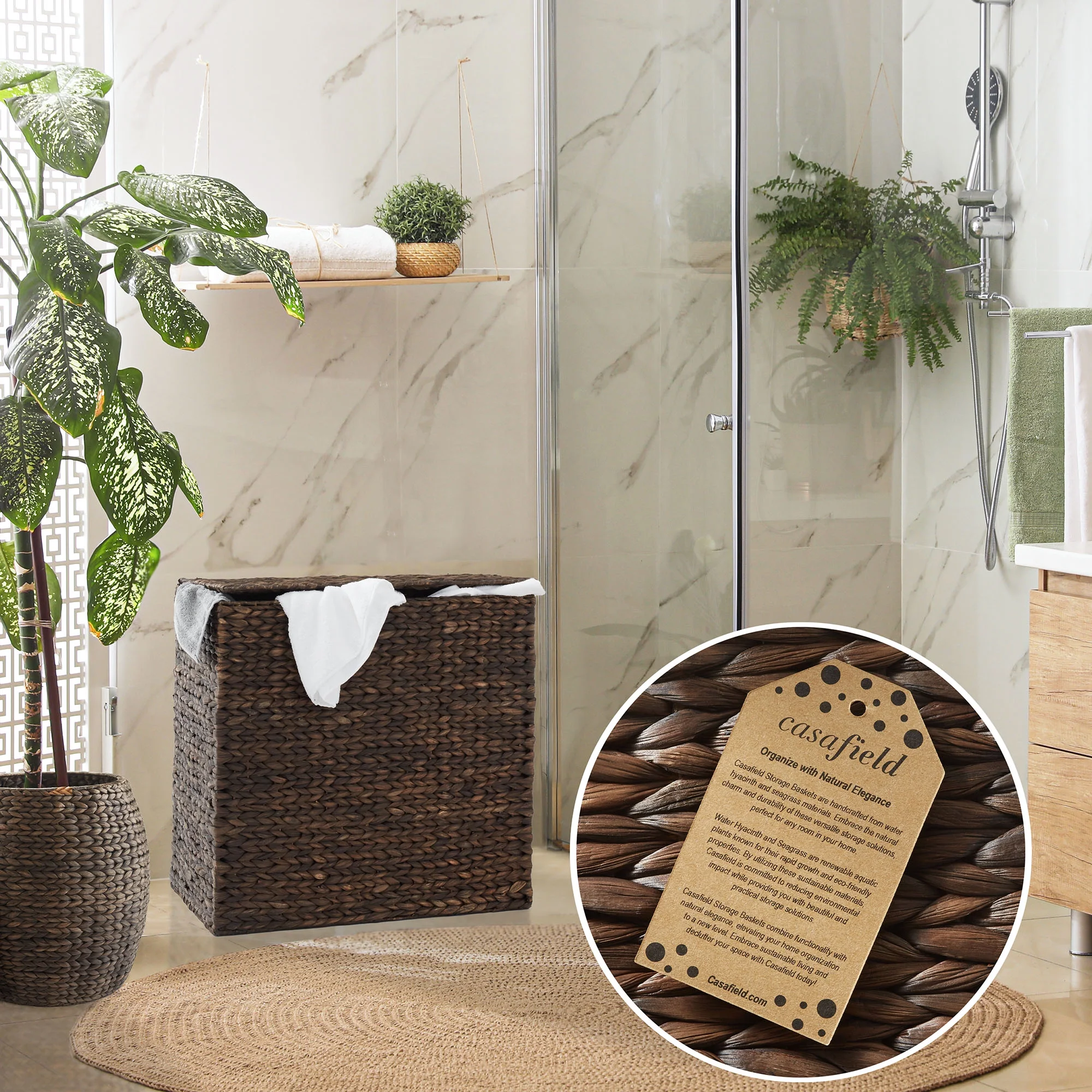 Casafield 2-Section Laundry Hamper with Lid and Removable Liner Bags - Natural, Woven Water Hyacinth Laundry Basket for Clothes - Image 9