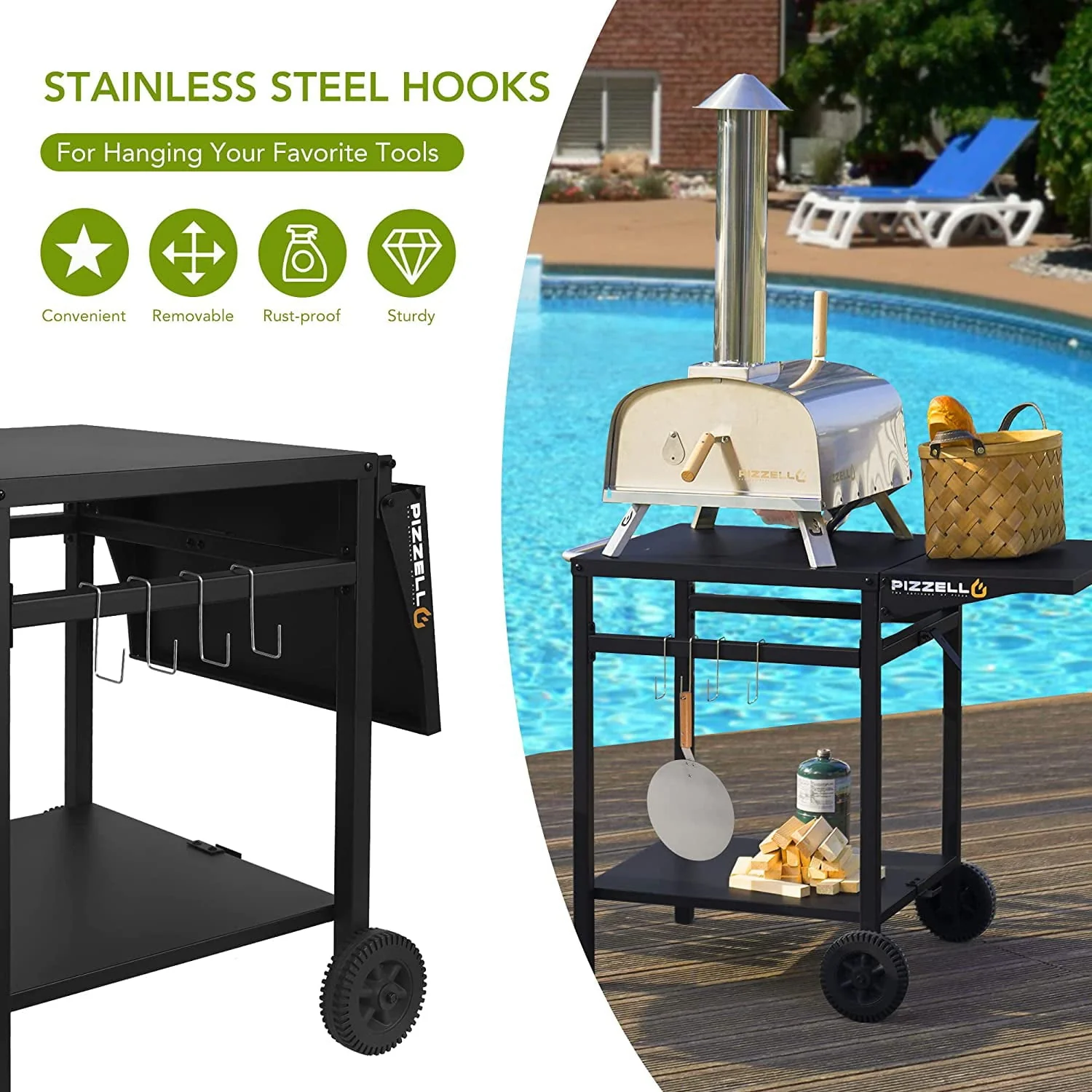 Pizzello Outdoor Grill Pizza Oven Food Prep Bbq Cart Stand Table with Storage Wheels Expandable Countertop, Black - Image 9