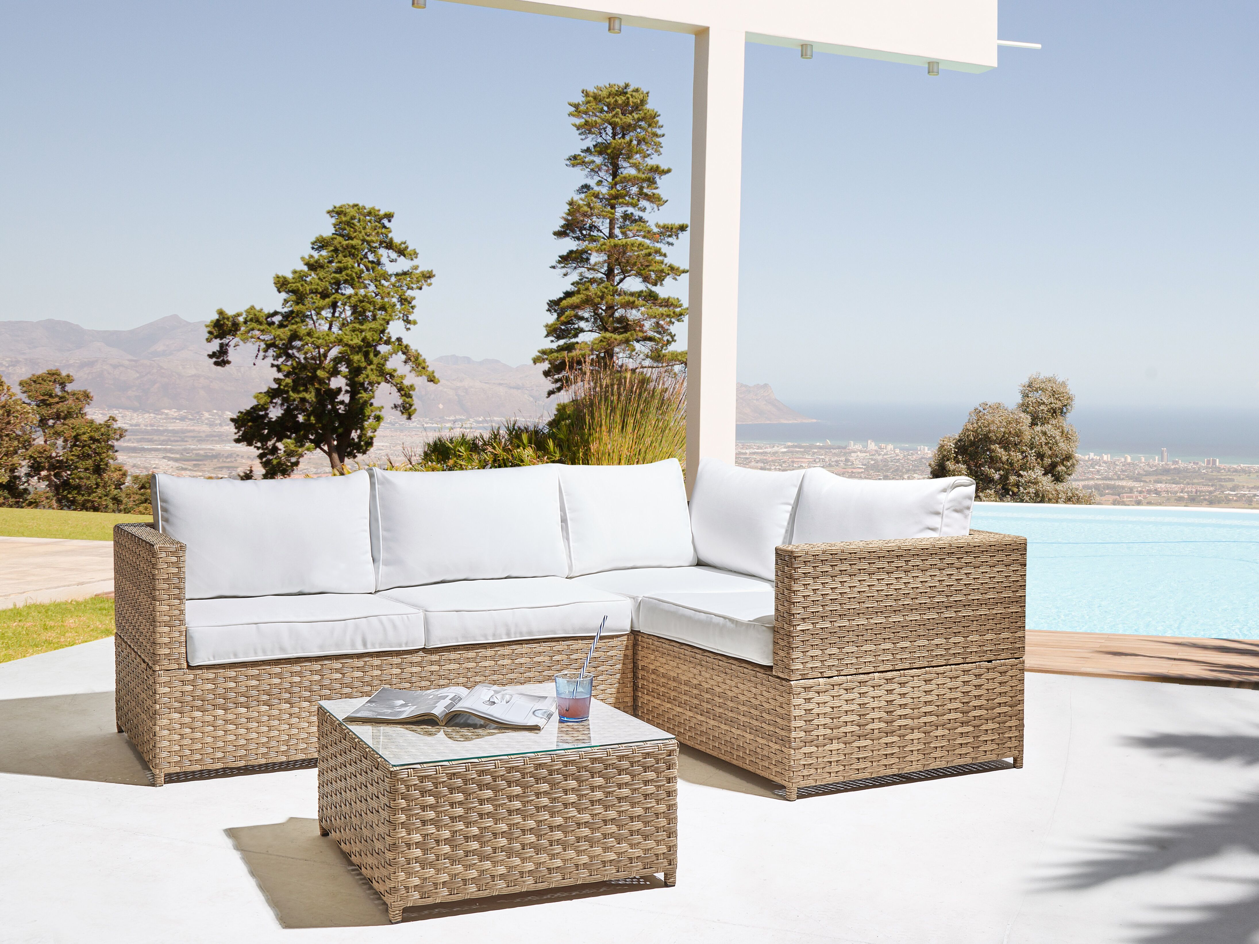 Garden Corner Sofa with Table 4 Seater AVOLA Left Hand PE Rattan Off-White