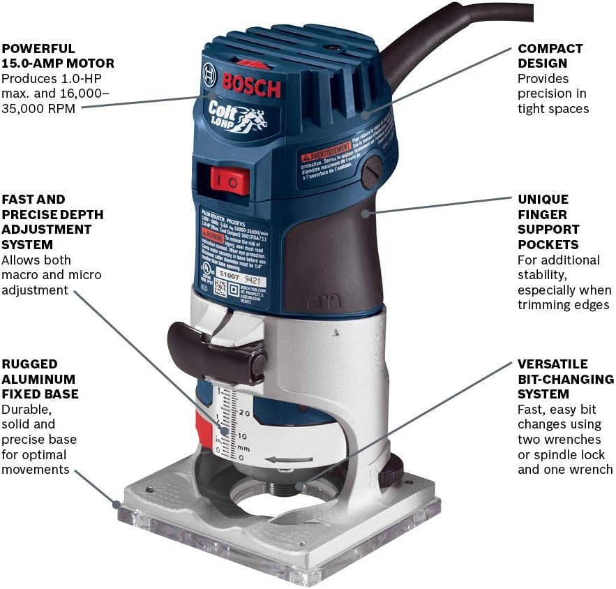 BOSCH PR20EVS Colt 1.0 HP Variable-Speed Palm Router - 5.6 Amp Motor, Soft Start, Constant ResponsCircuitry, Ergonomic Grip, Rugged Aluminum Base, Fixed, Quick-Clamp System, 1/4