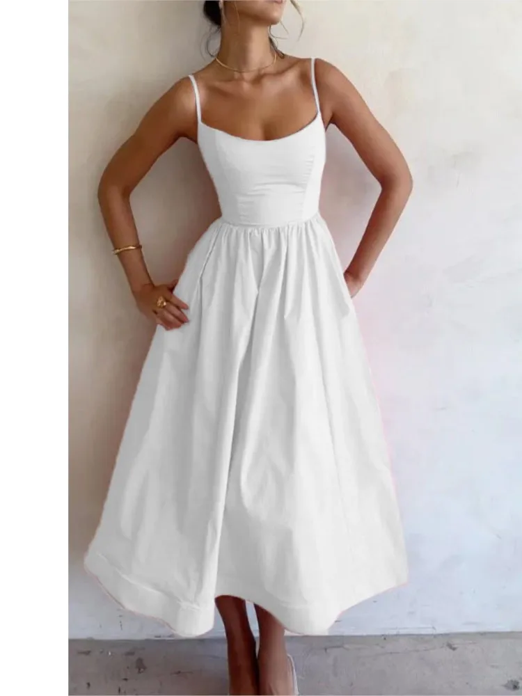 Sexy Solid Spaghetti Strap A-line Maxi Dresses Women Low Cut Sleeveless Big Skirt Dress Summer New Fashion Elegant Party Vestido - AZJHJ