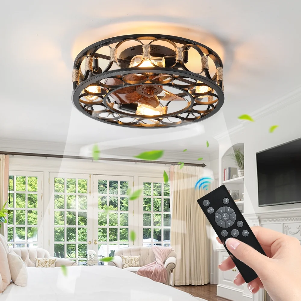 19.7 inch Caged Ceiling Fan with Lights Remote Control,Semi -embedded Modern Ceiling fans,Farmhouse Bladeless Small Ceiling Fan  6 Speeds Reversible Blades, 4 LED Bulbs Include