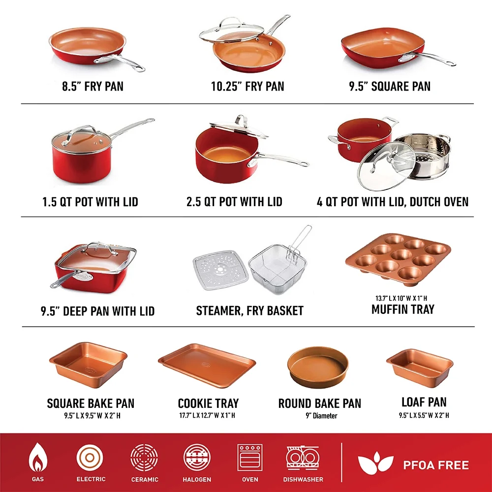 Gotham Steel 32 Pcs Pots and Pans Set Non Stick, Cookware Set with Bakeware and Premium Food Storage Set Nonstick Pots and Pans Set, Red - Image 6
