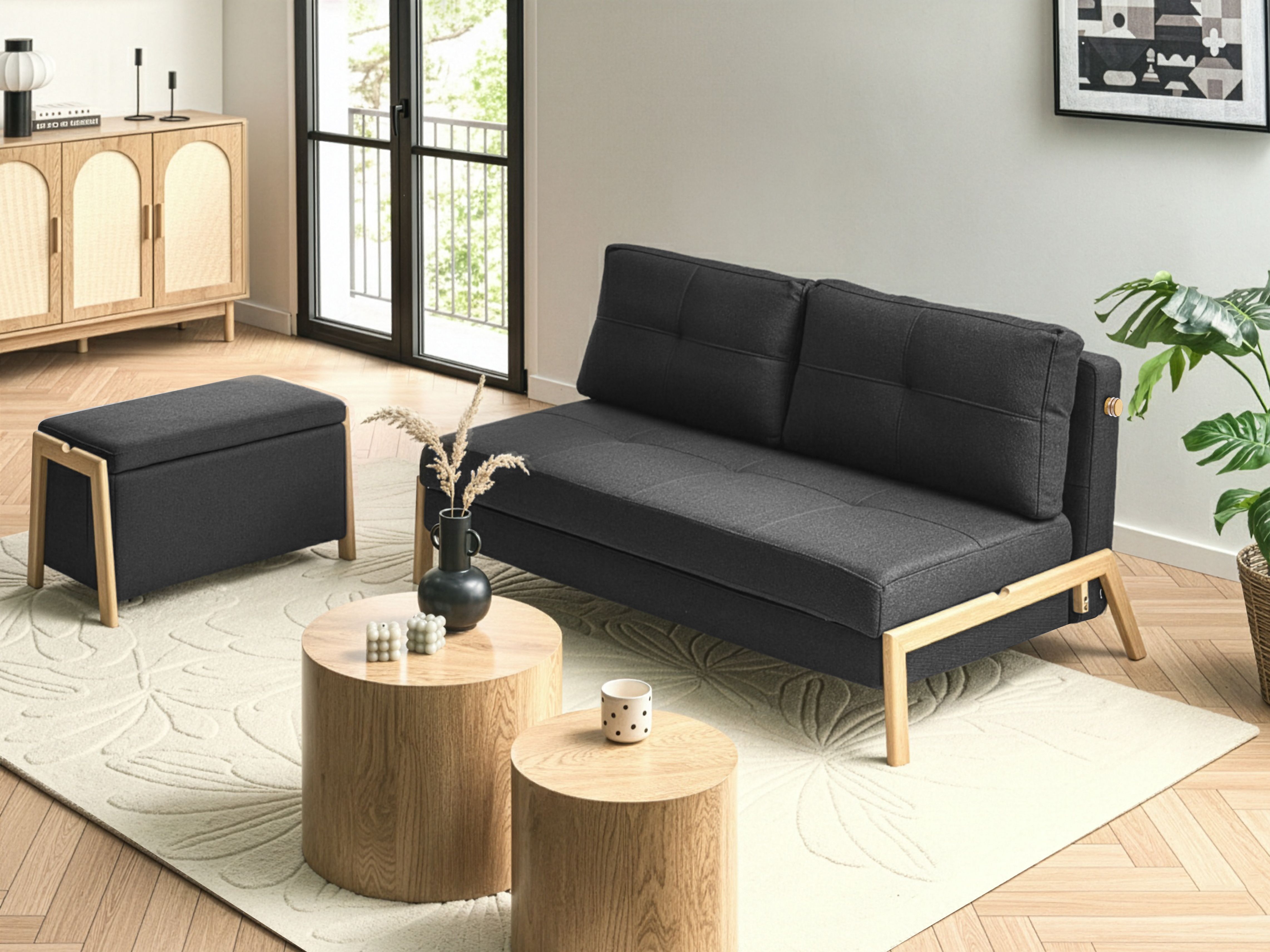 Living Room Set 3 Seater EDLAND Fabric Black with Bench